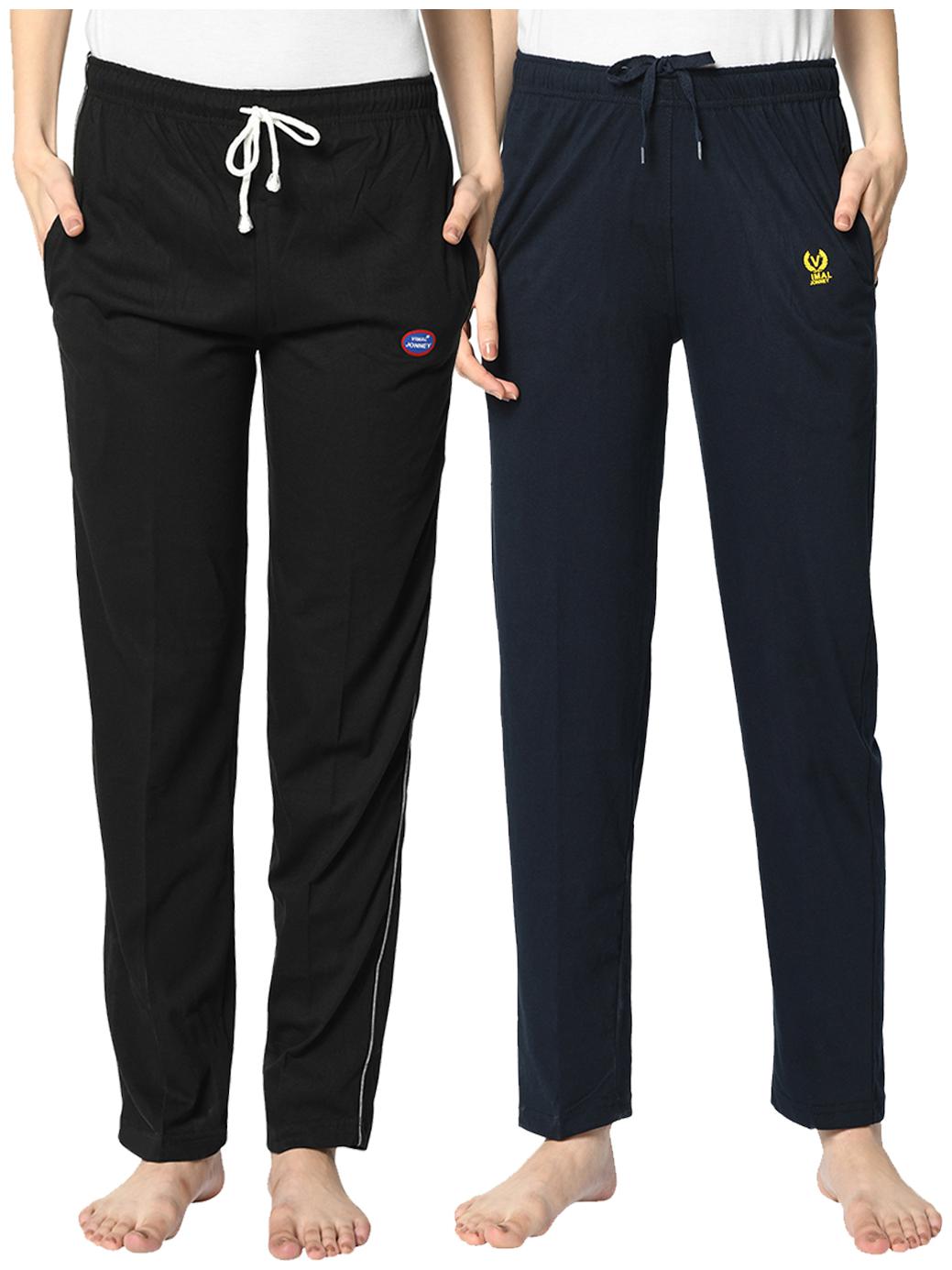 

VIMAL JONNEY Cotton Blend Solid Black Blue Color Track Pants For Women (Pack Of 2)