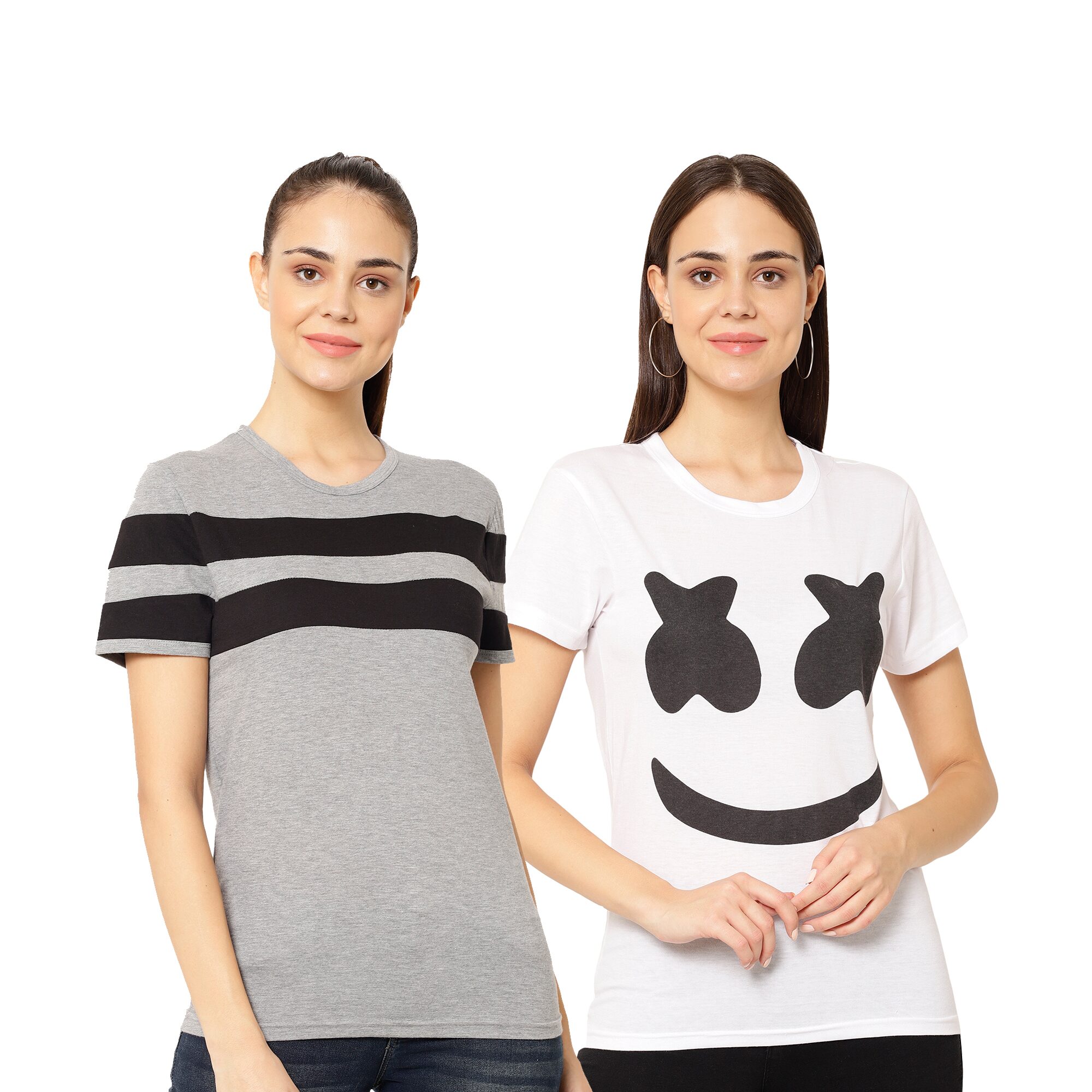 

VIMAL JONNEY Women Grey White Regular fit Round neck Cotton T shirt