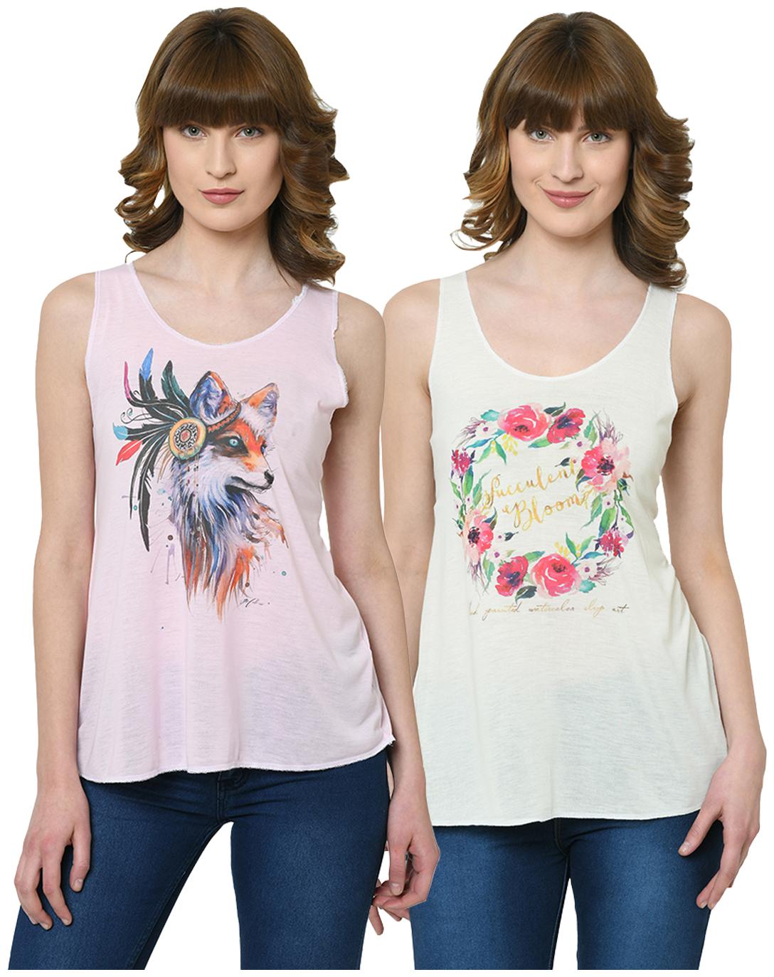 

VIMAL JONNEY Women Pink Cream Regular fit U neck Polyester Tank top