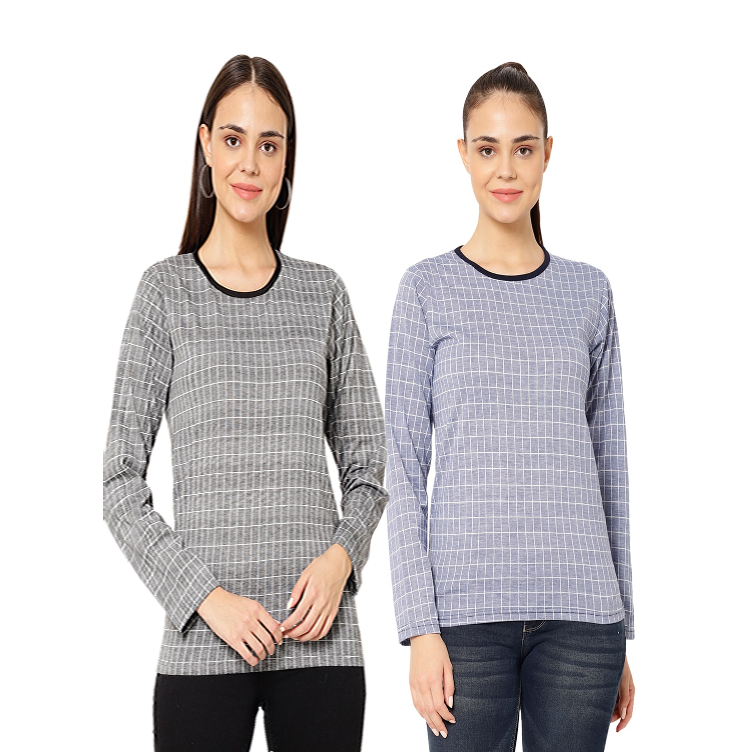 

VIMAL JONNEY Women Grey Blue Regular fit Round neck Cotton T shirt
