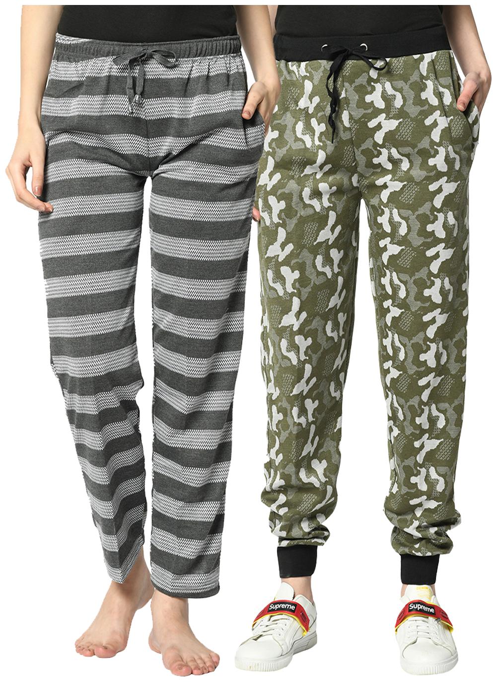 

VIMAL JONNEY Cotton Blend Striped Grey Green Color Track Pants For Women (Pack Of 2)