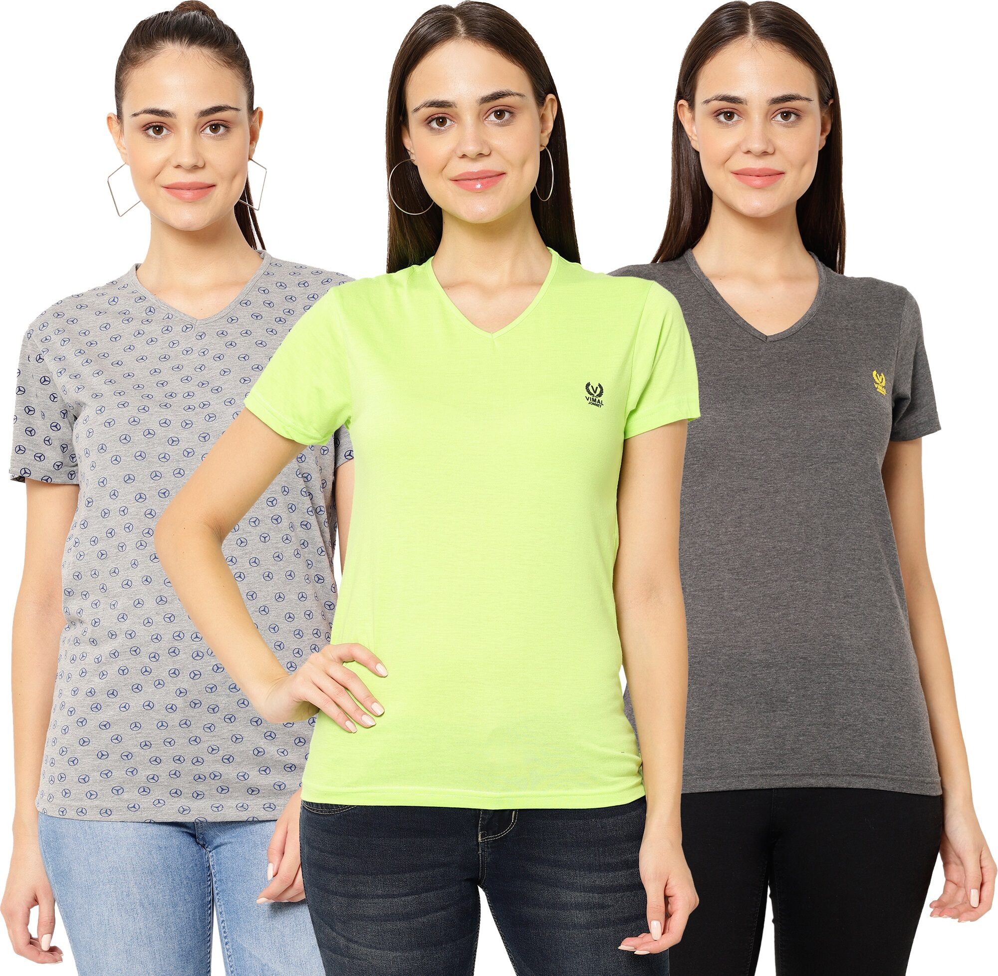 

VIMAL JONNEY Women Grey Green Regular fit V neck Cotton T shirt
