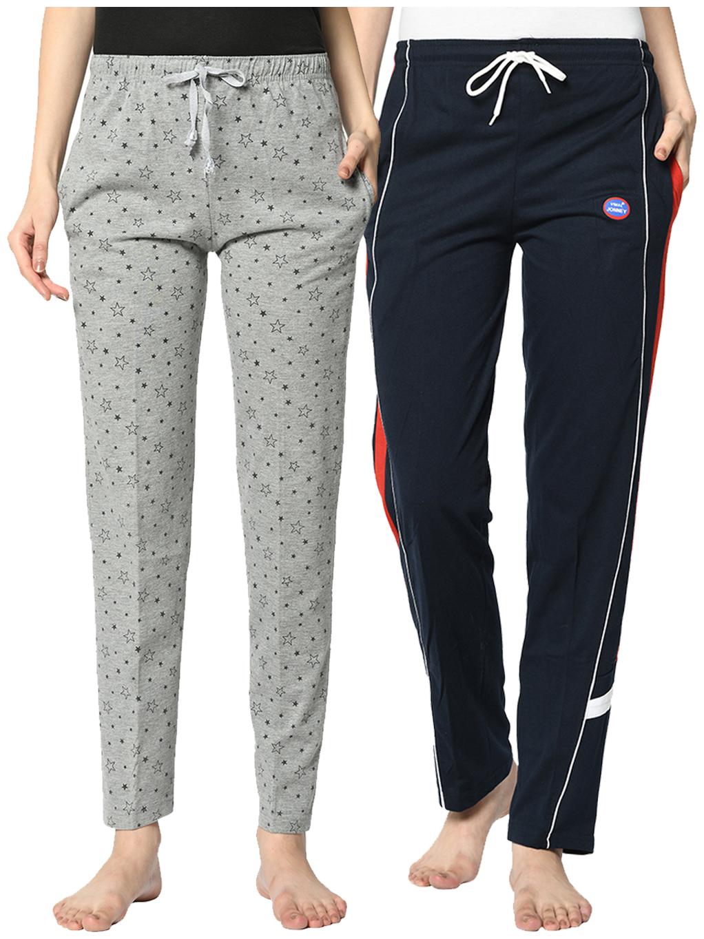 

VIMAL JONNEY Cotton Blend Printed Grey Blue Color Track Pants For Women (Pack Of 2)