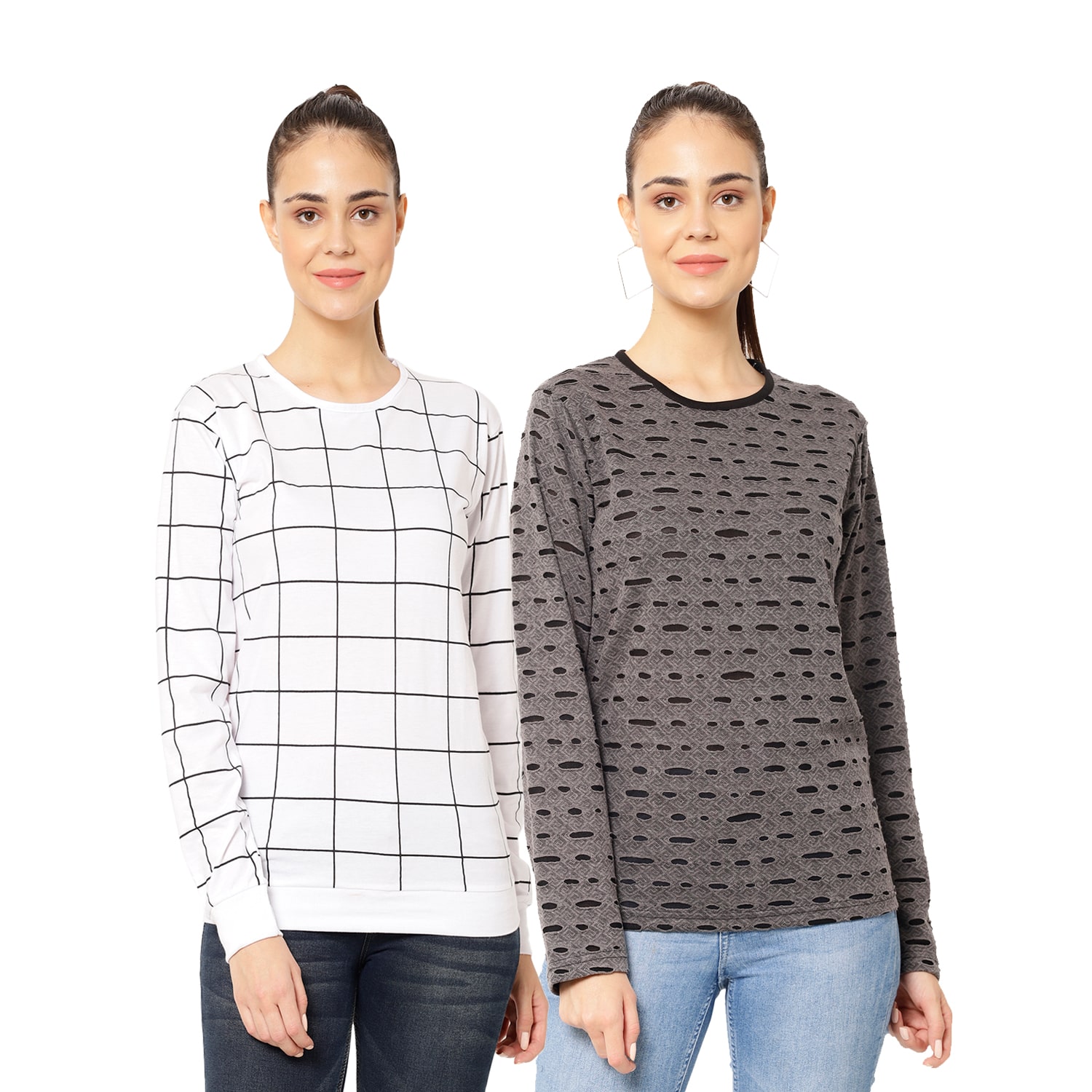 

VIMAL JONNEY Women White Grey Regular fit Round neck Cotton T shirt
