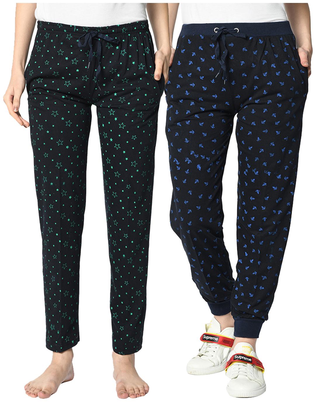 

VIMAL JONNEY Cotton Blend Printed Blue Color Track Pants For Women (Pack Of 2)