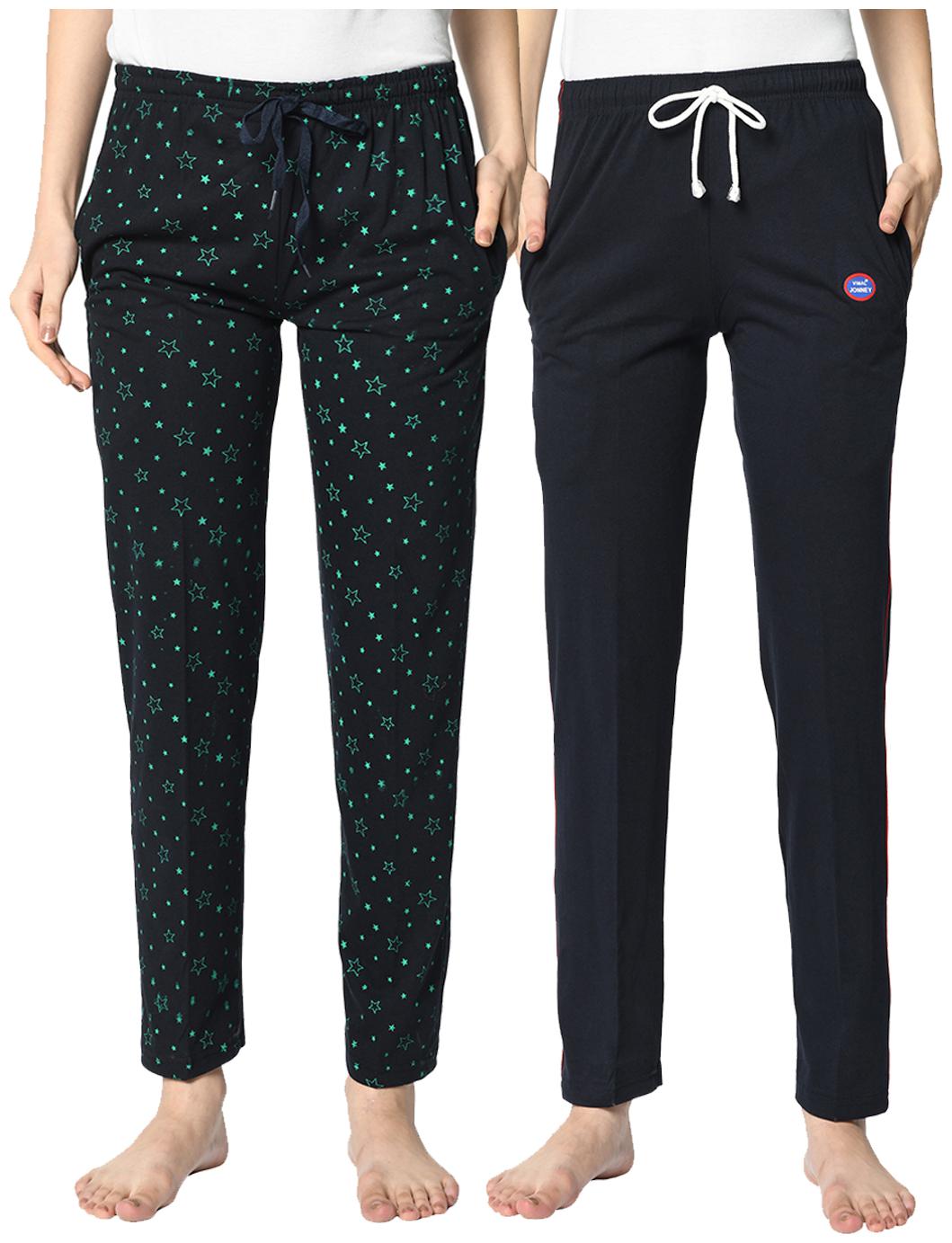 

VIMAL JONNEY Cotton Blend Printed Blue Color Track Pants For Women (Pack Of 2)