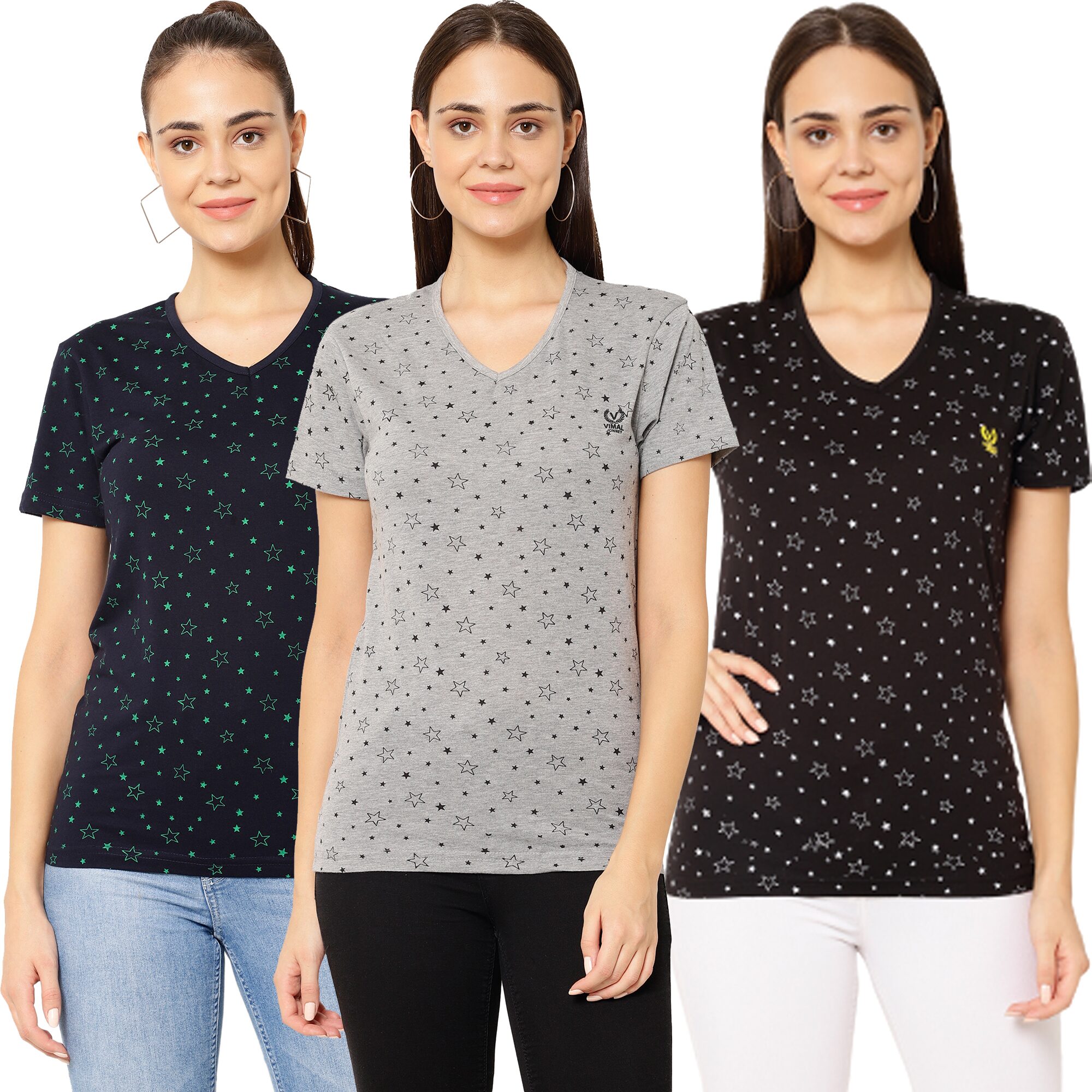

VIMAL JONNEY Women Multi Regular fit V neck Cotton T shirt
