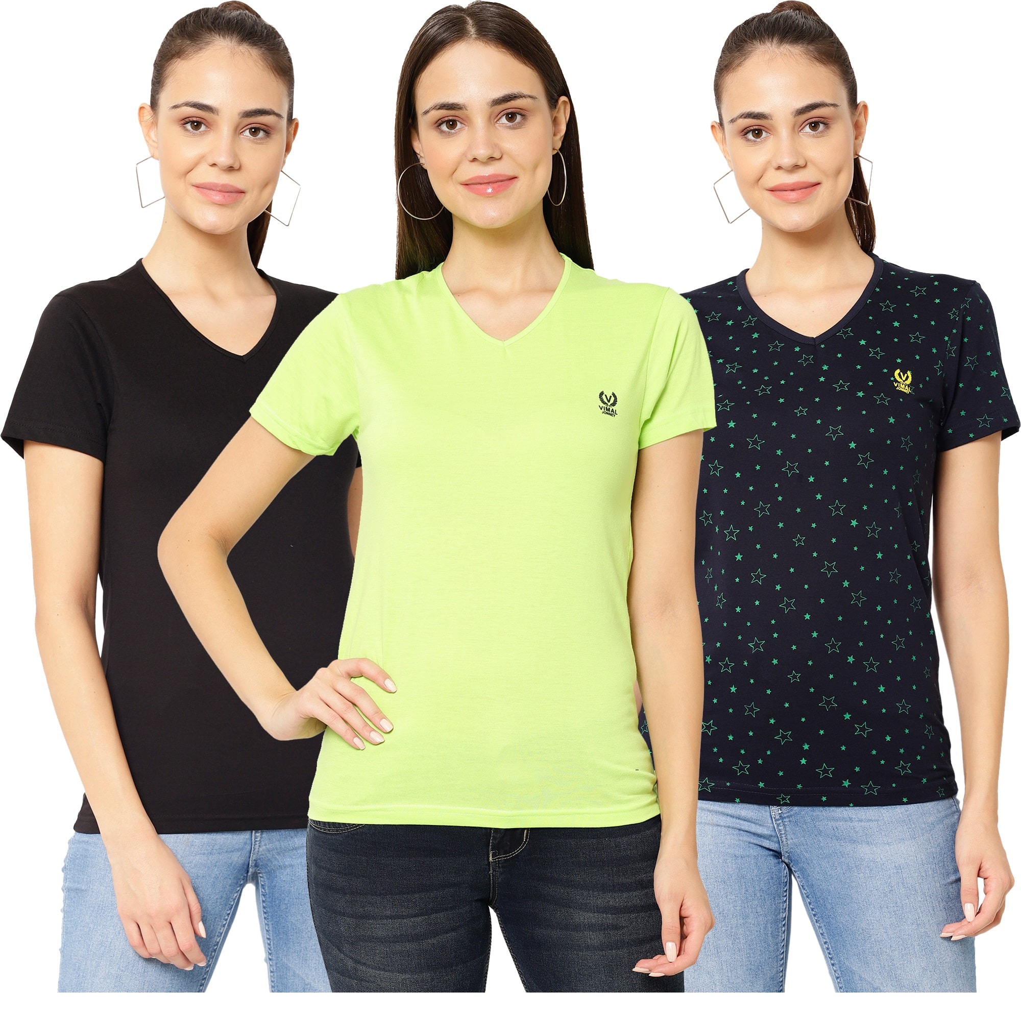 

VIMAL JONNEY Women Multi Regular fit V neck Cotton T shirt