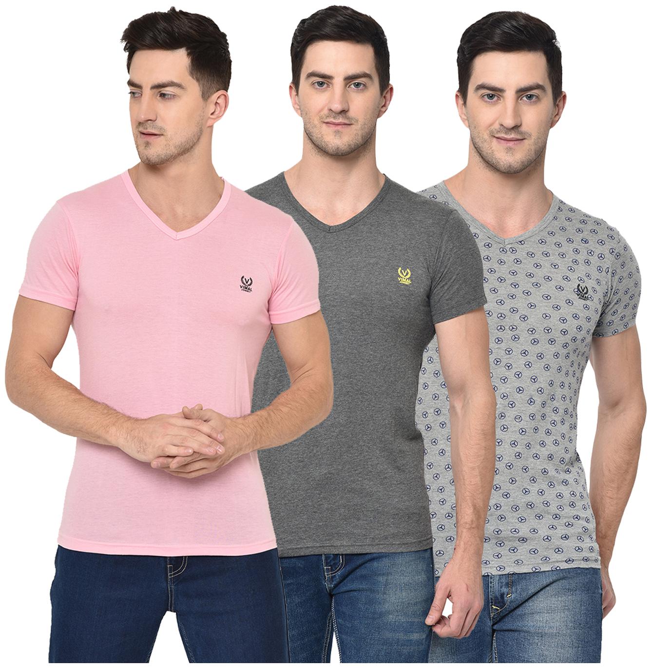 

VIMAL JONNEY Men Pink Grey Regular fit Cotton Blend V neck T-Shirt - Pack Of 3