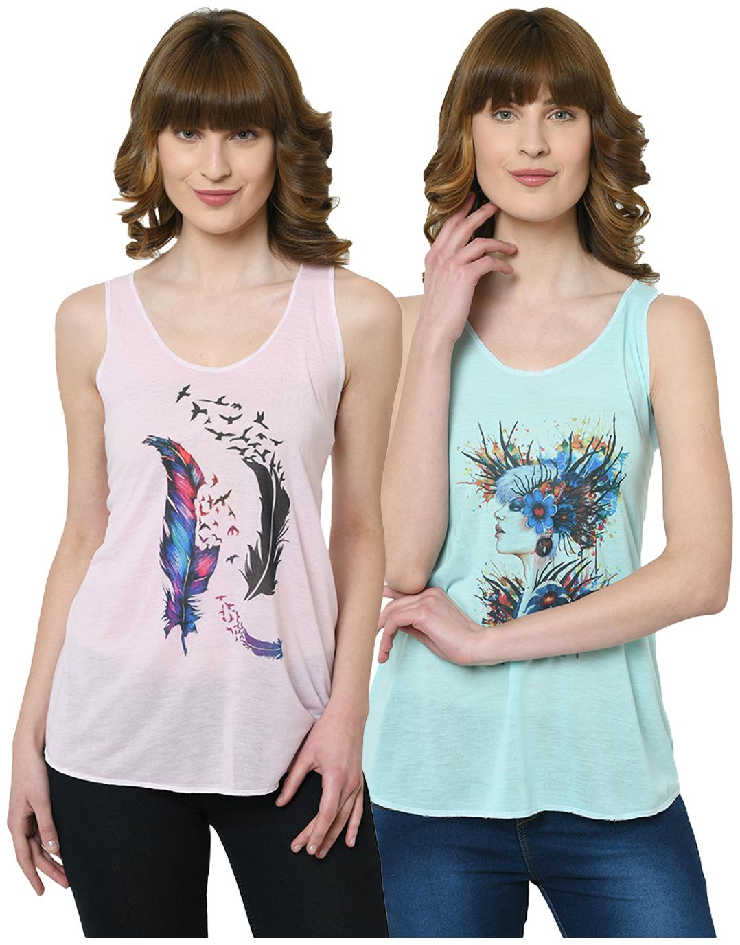 

VIMAL JONNEY Women Pink Green Regular fit U neck Polyester Tank top