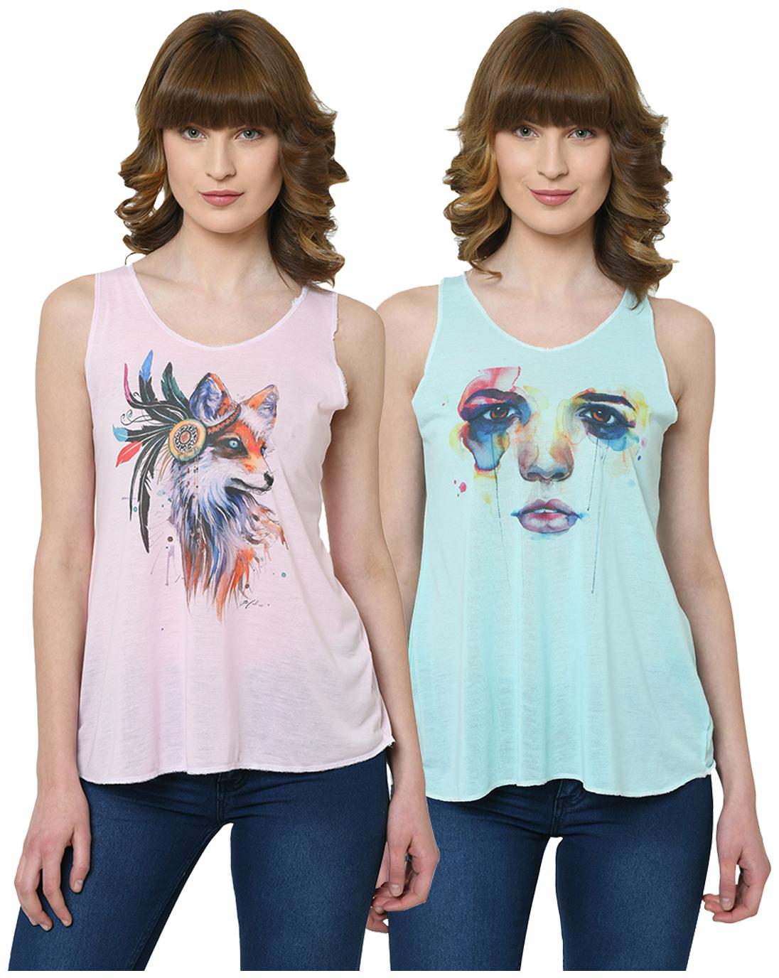 

VIMAL JONNEY Women Pink Green Regular fit U neck Polyester Tank top