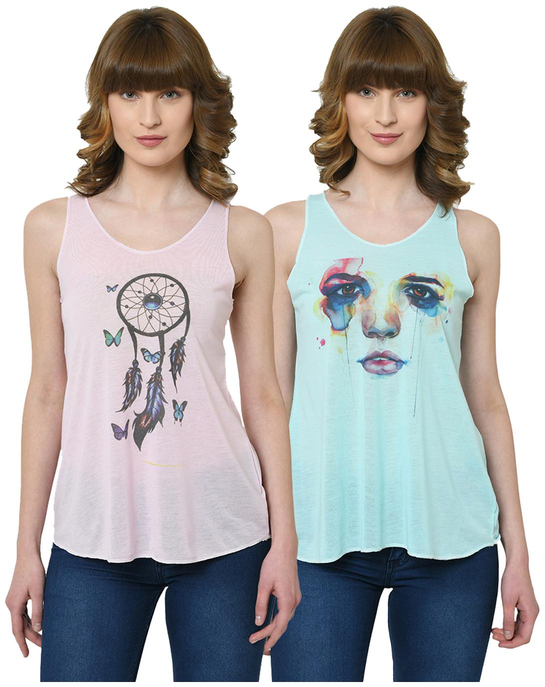 

VIMAL JONNEY Women Pink Green Regular fit U neck Polyester Tank top