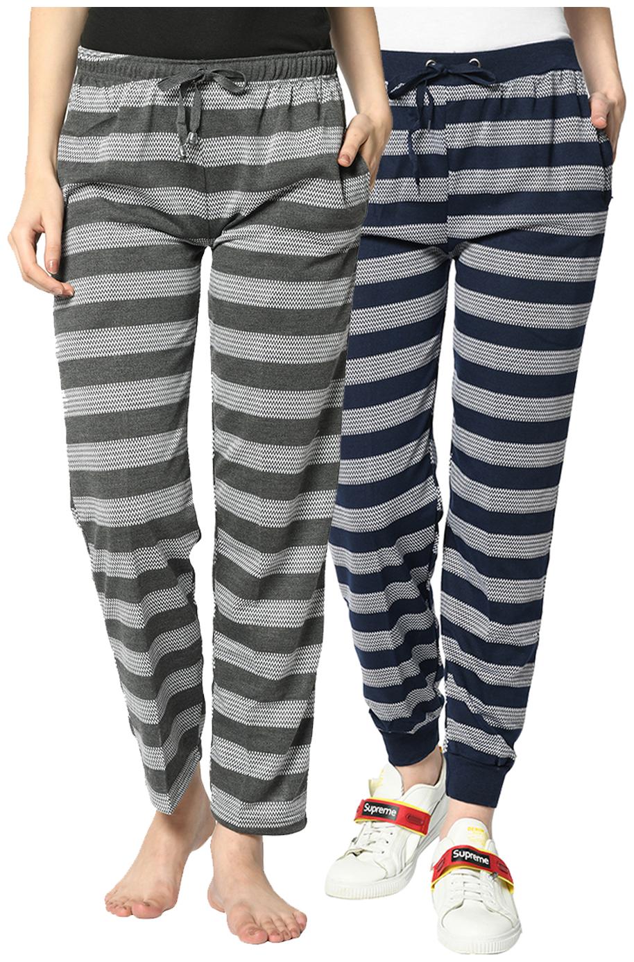 

VIMAL JONNEY Cotton Blend Striped Grey Blue Color Track Pants For Women (Pack Of 2)