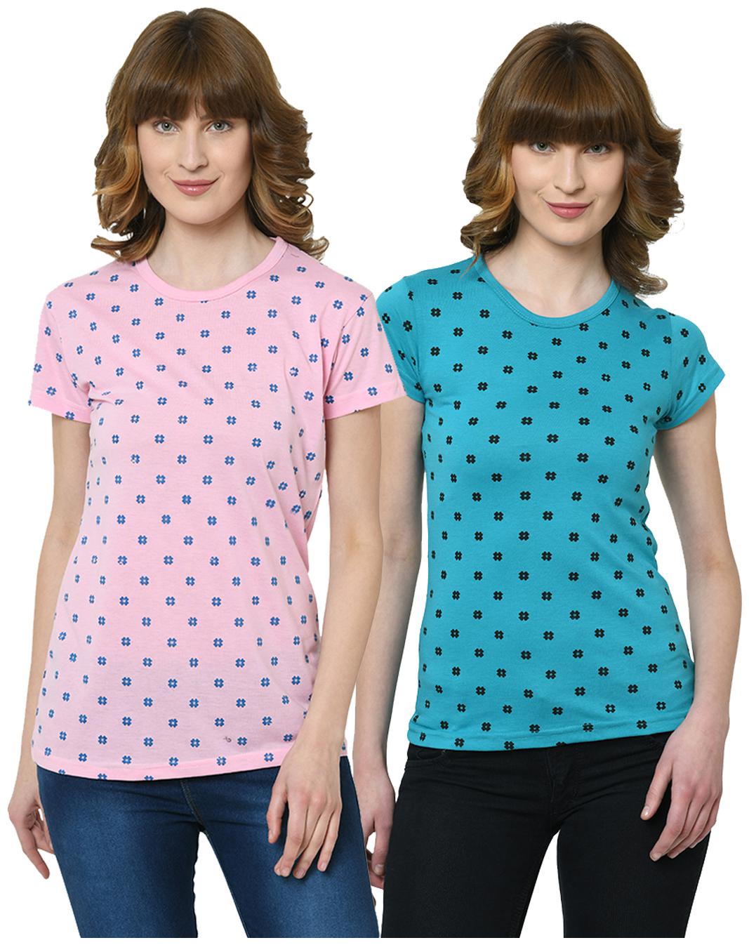 

VIMAL JONNEY Women Pink Blue Regular fit Round neck Cotton T shirt