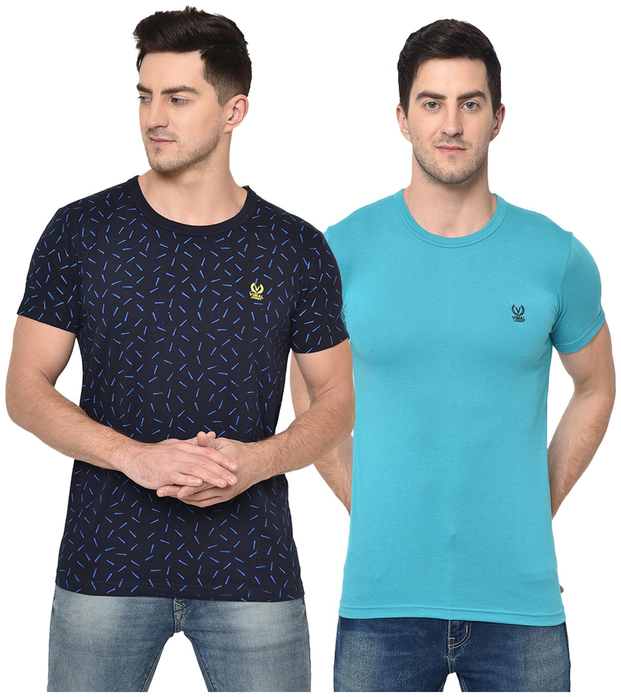 

VIMAL JONNEY Men Turquoise Navy blue Regular fit Cotton Blend Round neck T-Shirt - Pack Of 2