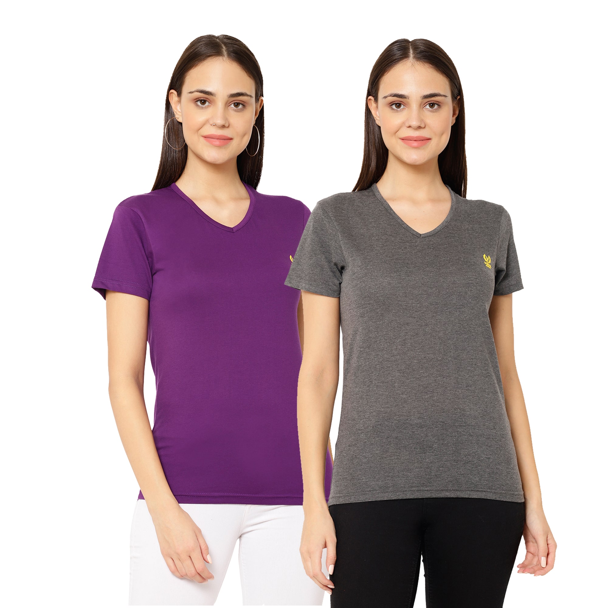 

VIMAL JONNEY Women Grey Purple Regular fit V neck Cotton blend T shirt