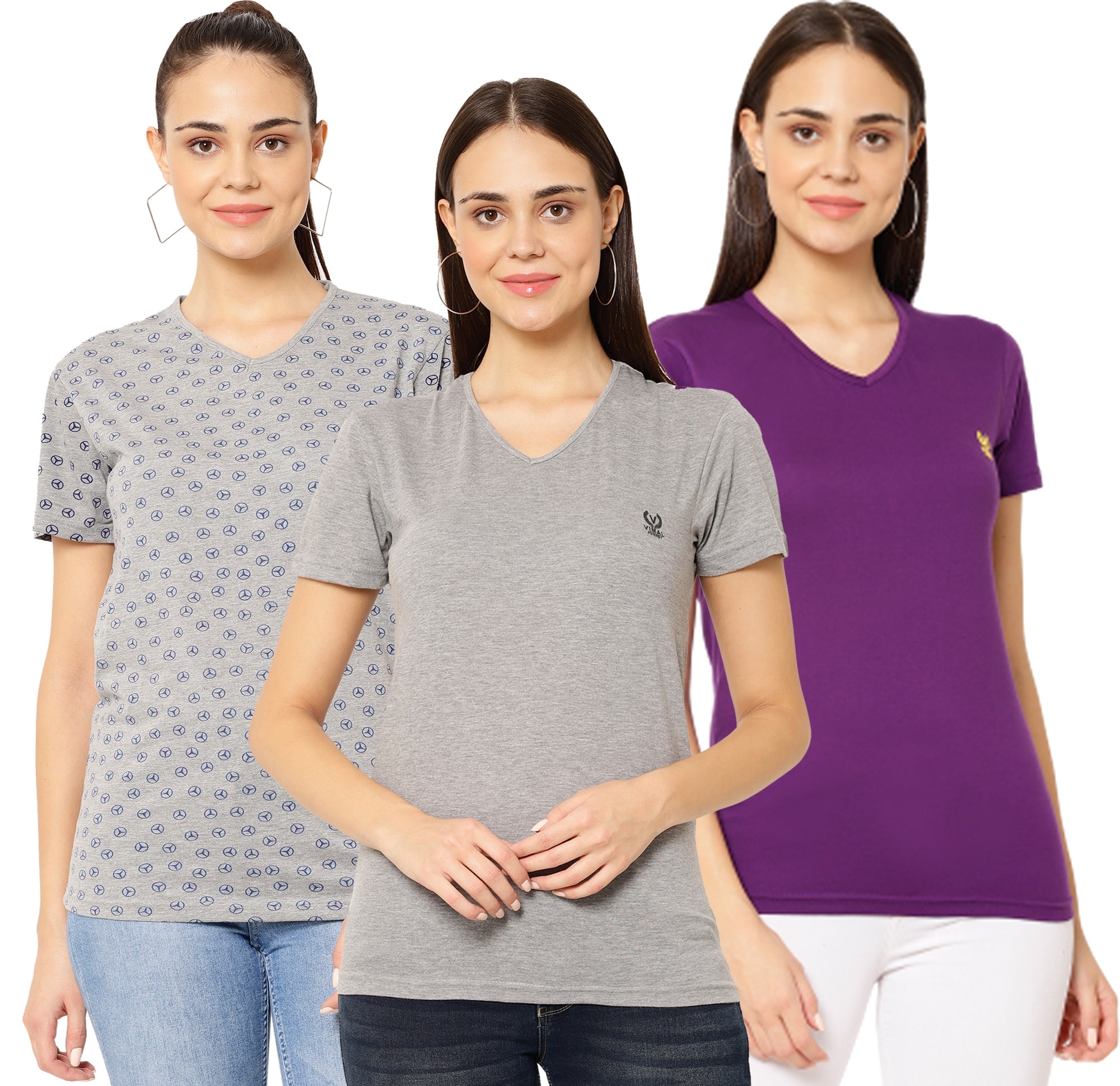 

VIMAL JONNEY Women Purple Grey Regular fit V neck Cotton T shirt