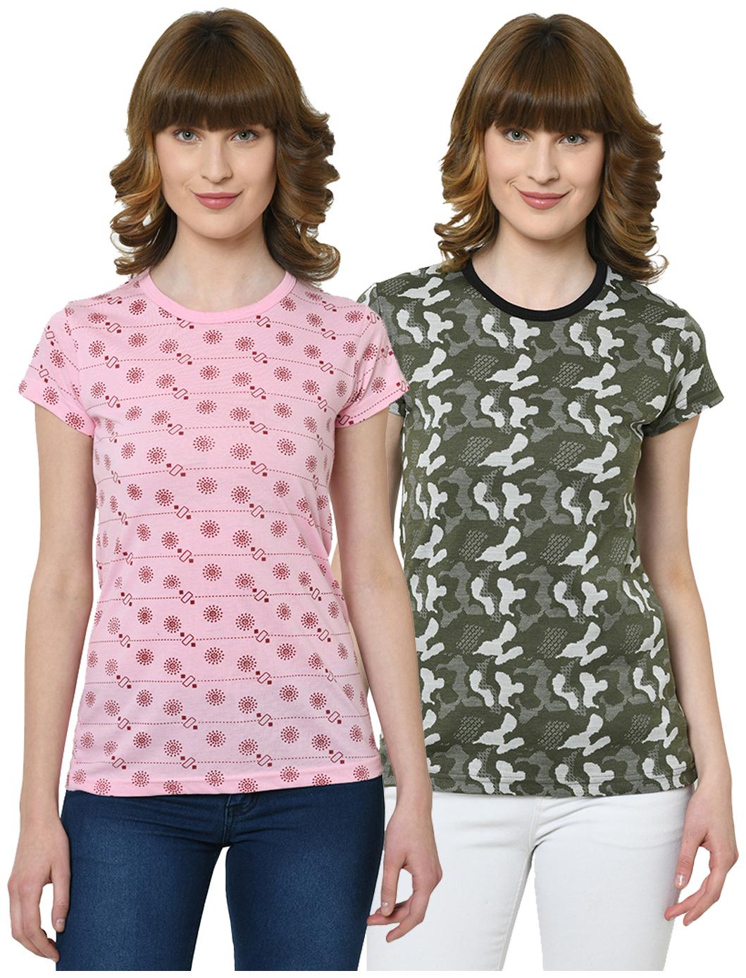 

VIMAL JONNEY Women Cotton Printed T Shirt Pink Olive