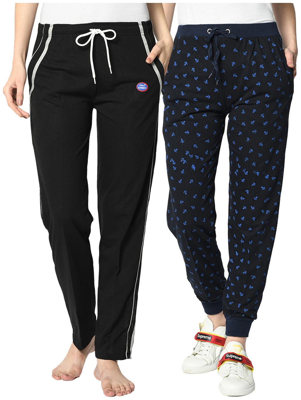 

VIMAL JONNEY Cotton Blend Solid Black Blue Color Track Pants For Women (Pack Of 2)