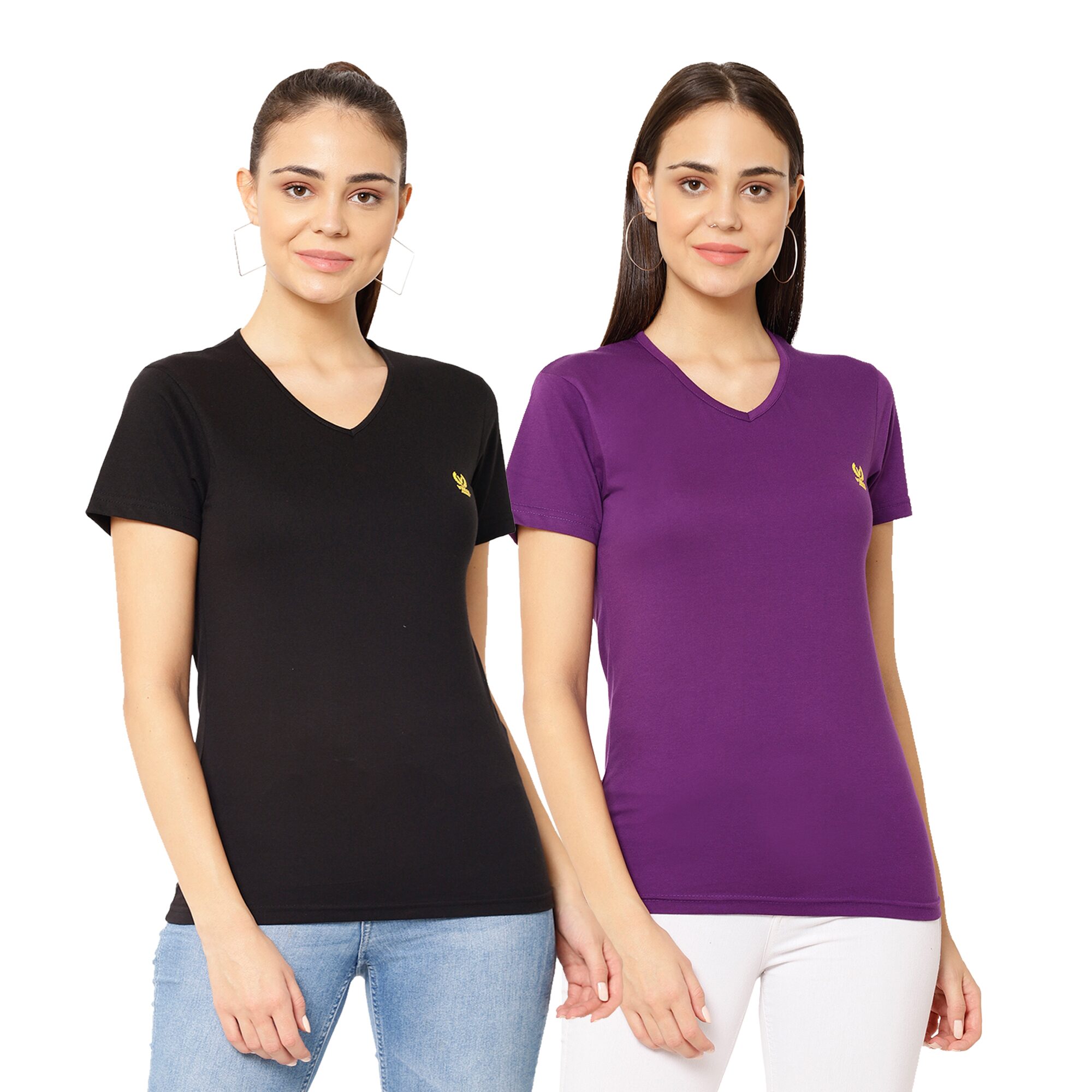 

VIMAL JONNEY Women Black Purple Regular fit V neck Cotton blend T shirt