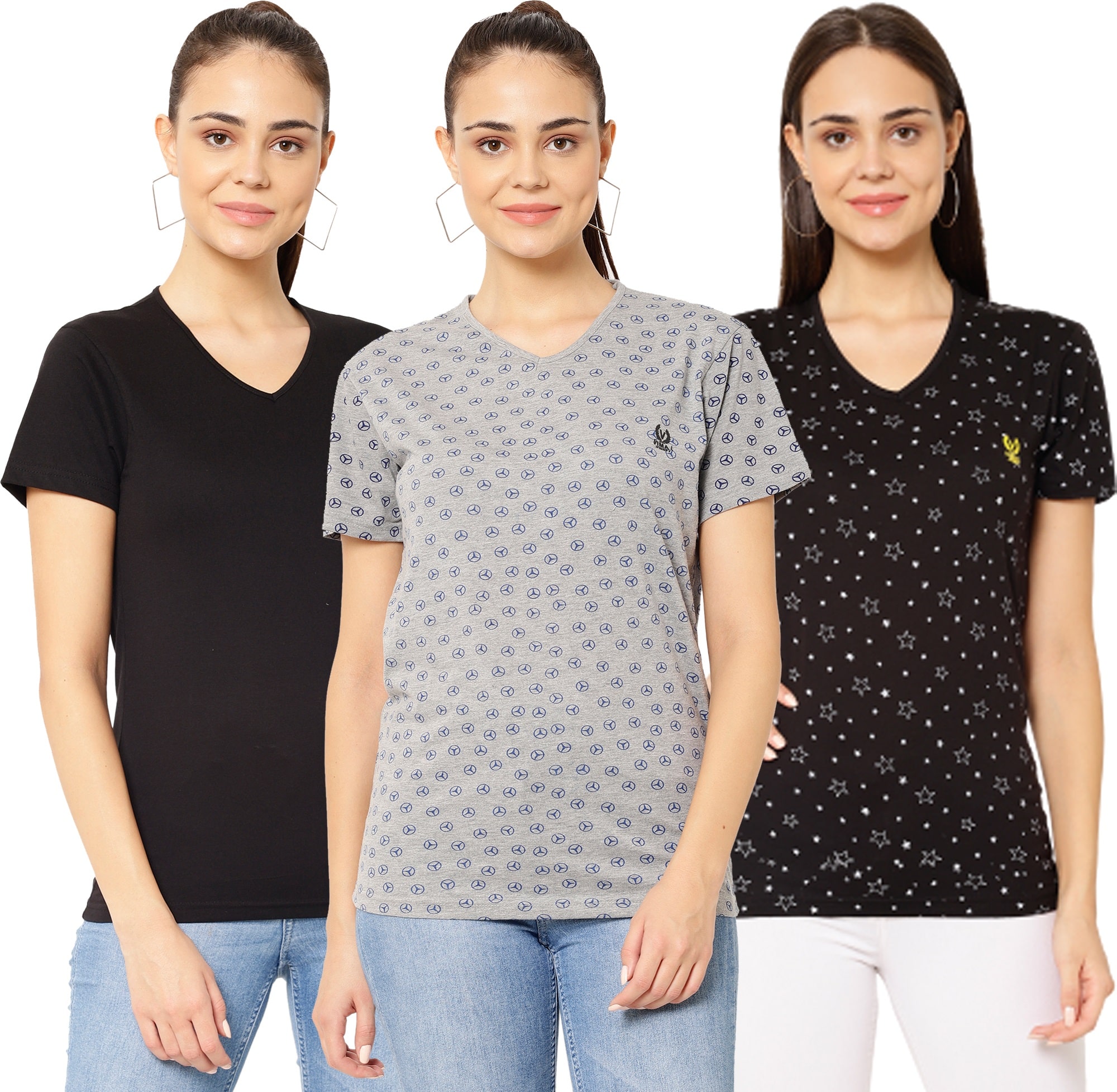 

VIMAL JONNEY Women Multi Regular fit V neck Cotton T shirt