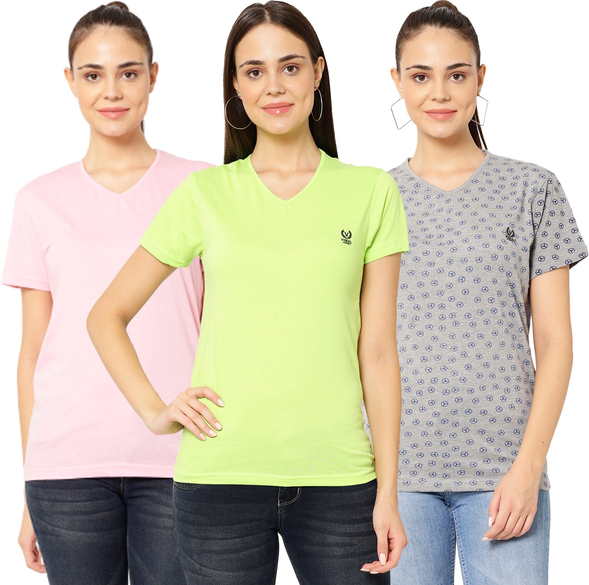 

VIMAL JONNEY Women Multi Regular fit V neck Cotton T shirt