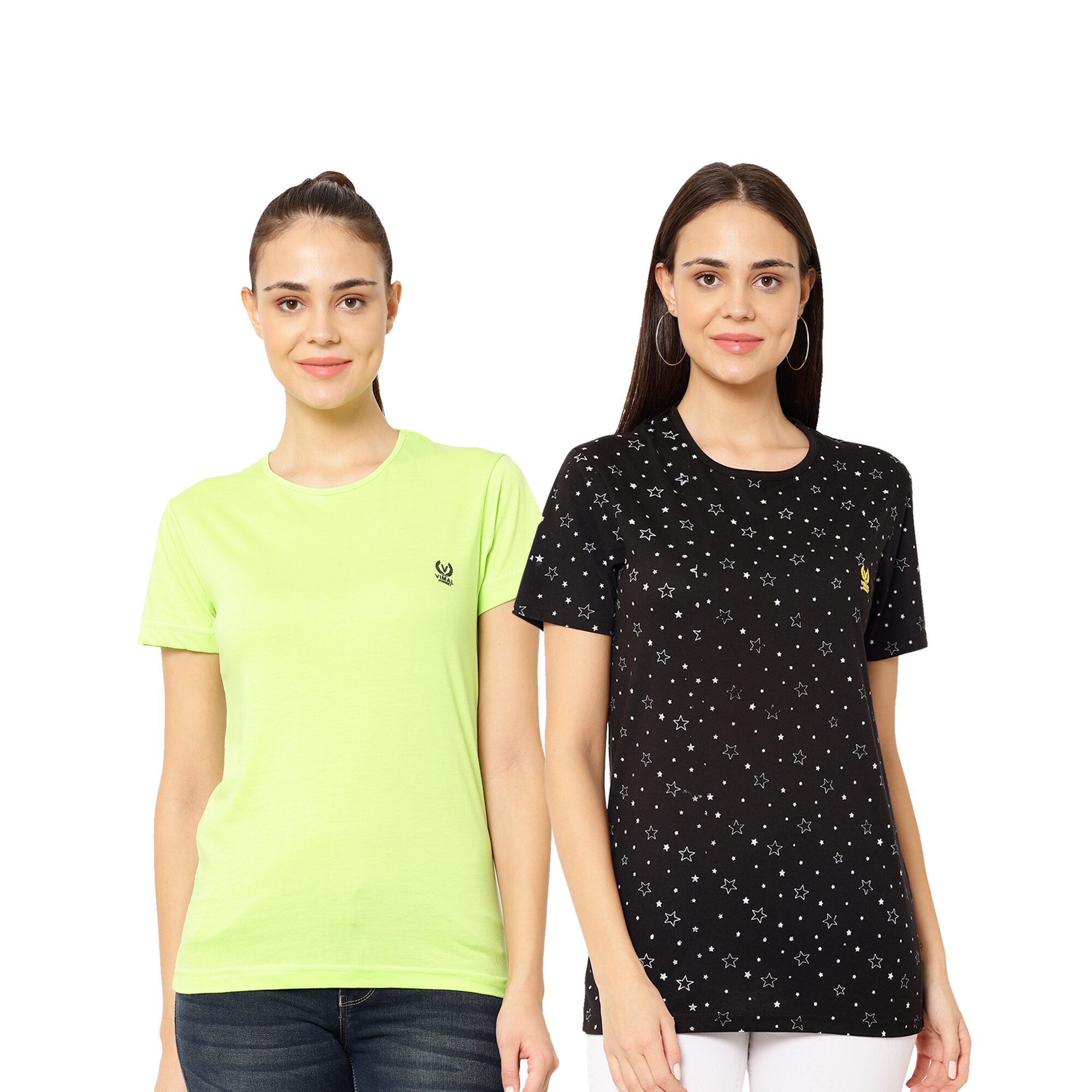

VIMAL JONNEY Women Black Green Regular fit Round neck Cotton T shirt