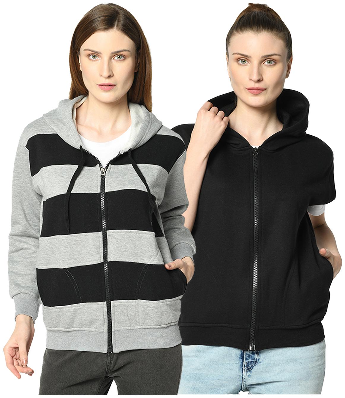 

VIMAL JONNEY Women Solid Hoodie - Black Grey