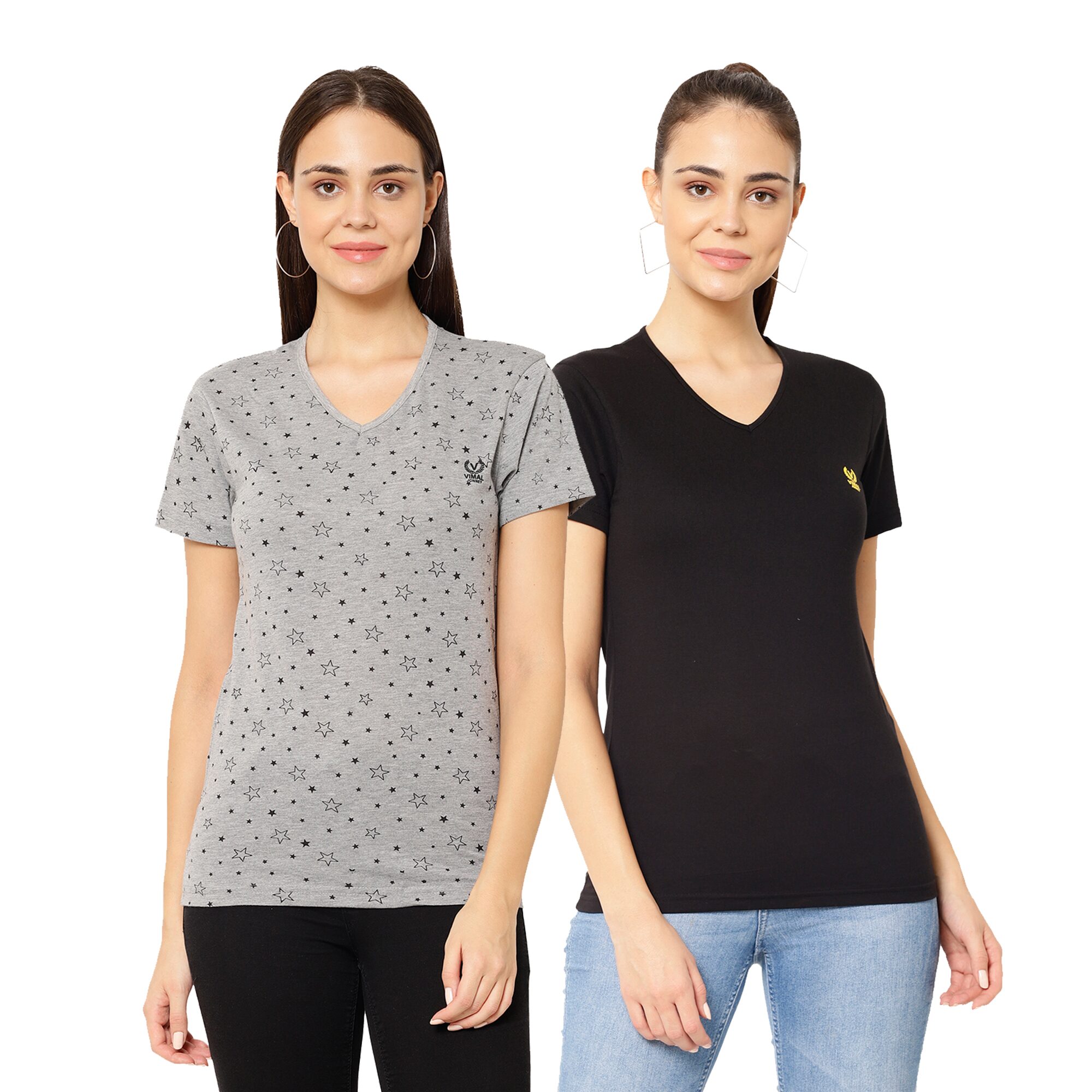 

VIMAL JONNEY Women Black Grey Regular fit V neck Cotton blend T shirt