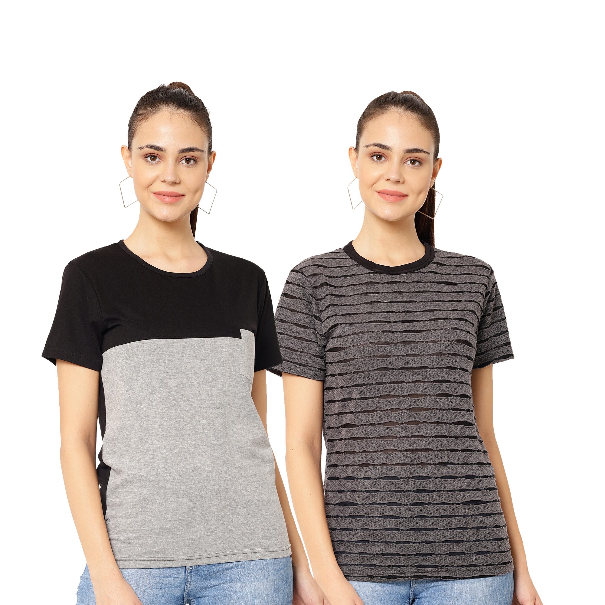 

VIMAL JONNEY Women Black Grey Regular fit Round neck Cotton blend T shirt