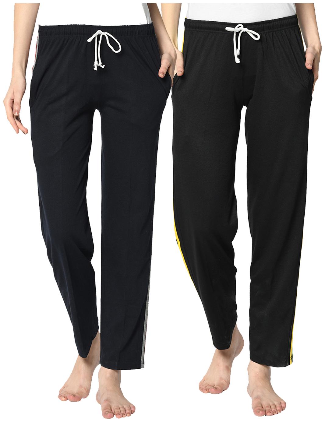 

VIMAL JONNEY Cotton Blend Solid Black Blue Color Track Pants For Women (Pack Of 2)
