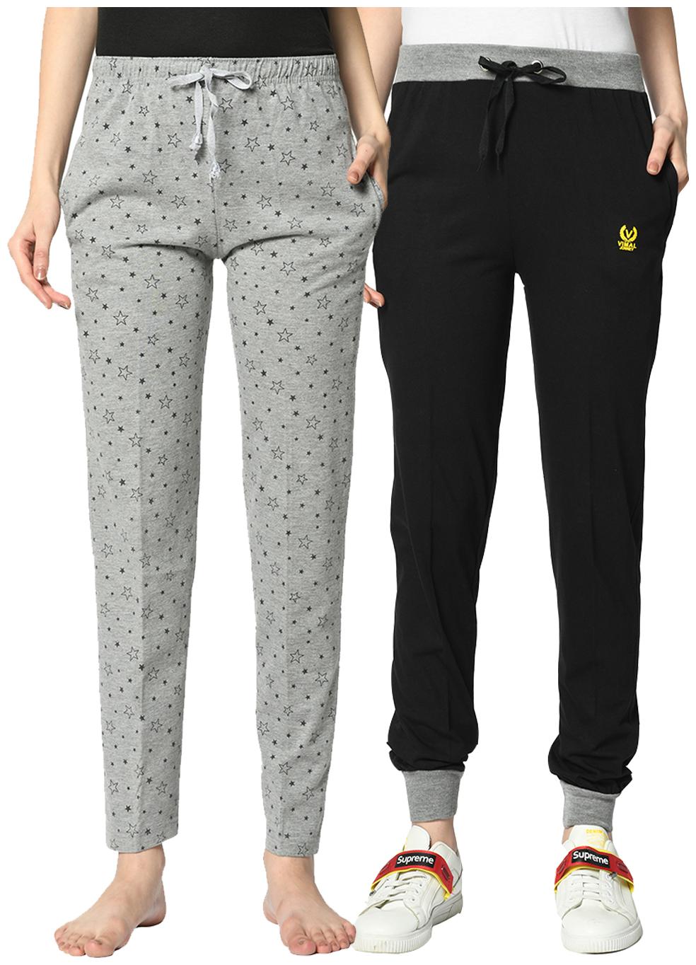 

VIMAL JONNEY Cotton Blend Printed Grey Black Color Track Pants For Women (Pack Of 2)