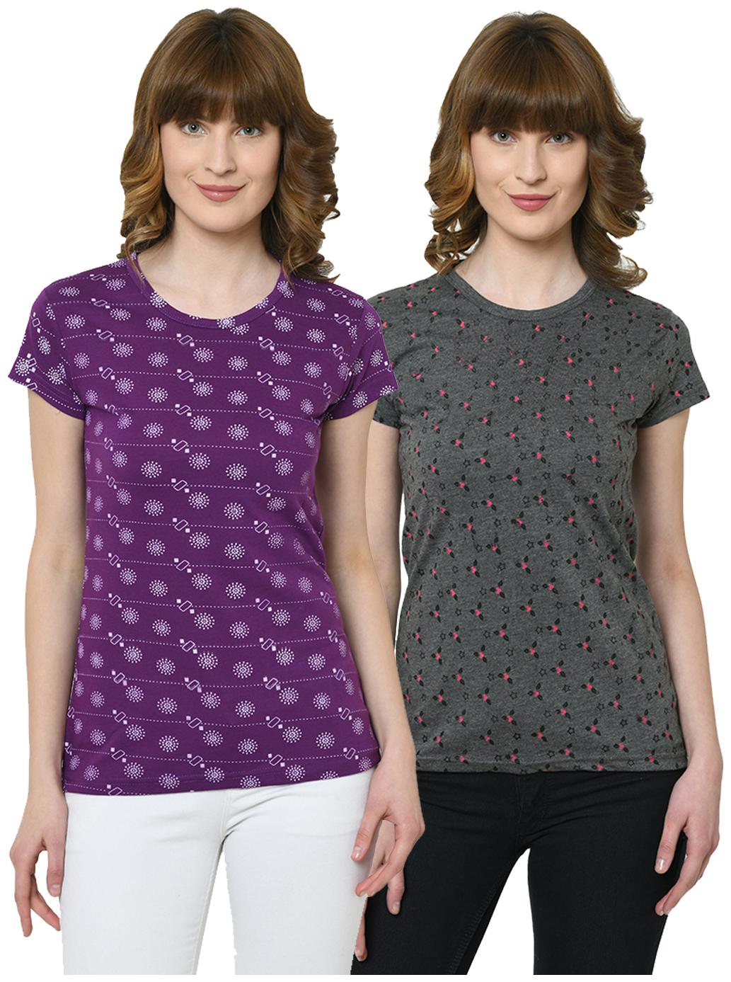 

VIMAL JONNEY Women Purple Grey Regular fit Round neck Cotton T shirt