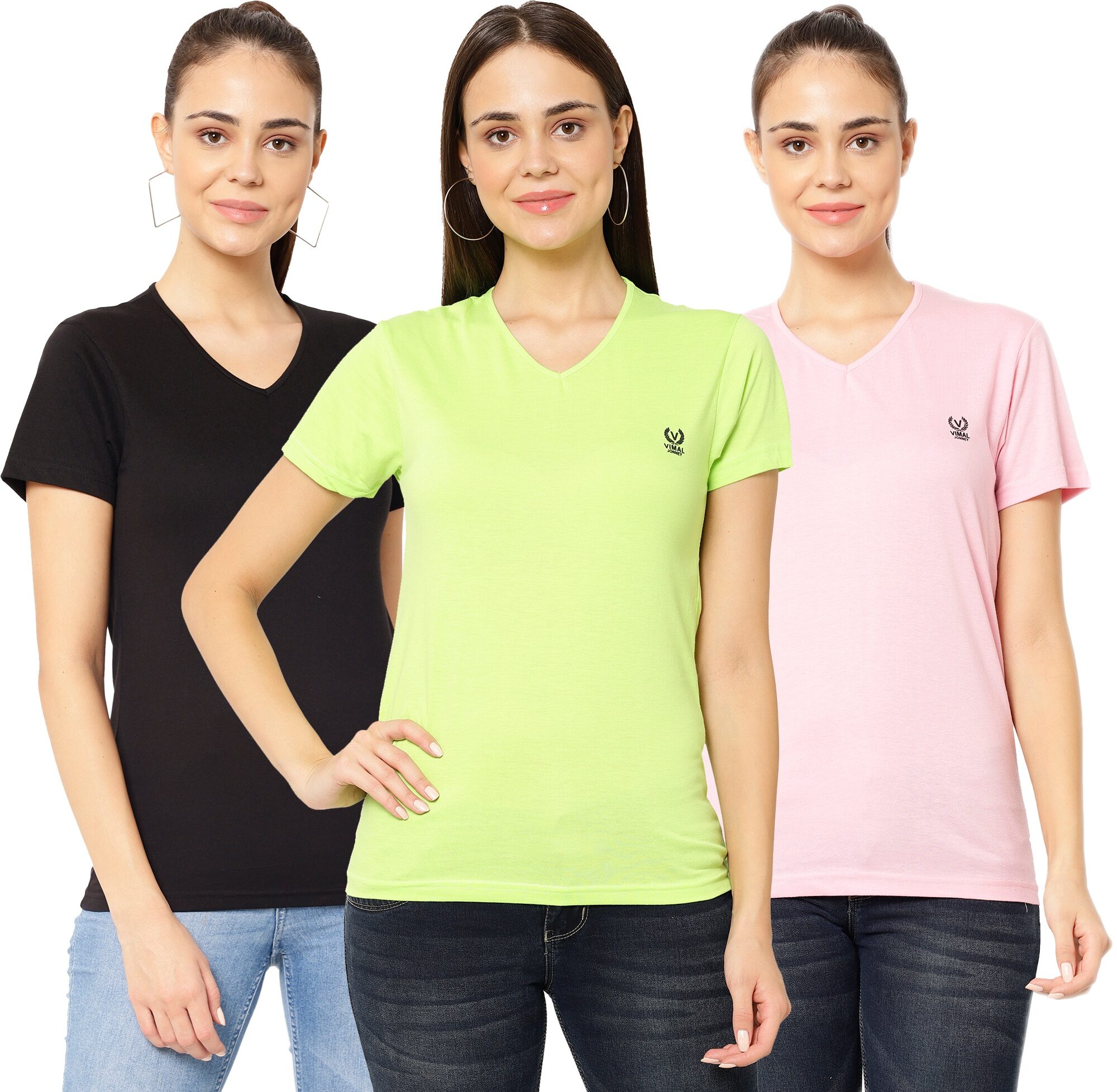 

VIMAL JONNEY Women Multi Regular fit V neck Cotton T shirt