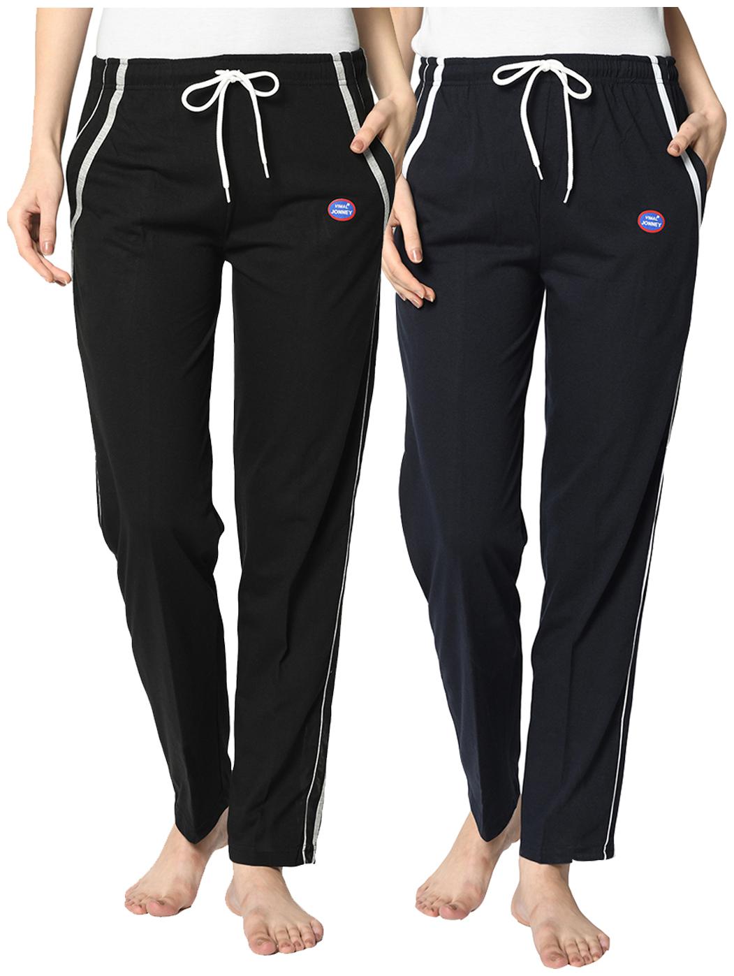 

VIMAL JONNEY Cotton Blend Solid Black Blue Color Track Pants For Women (Pack Of 2)