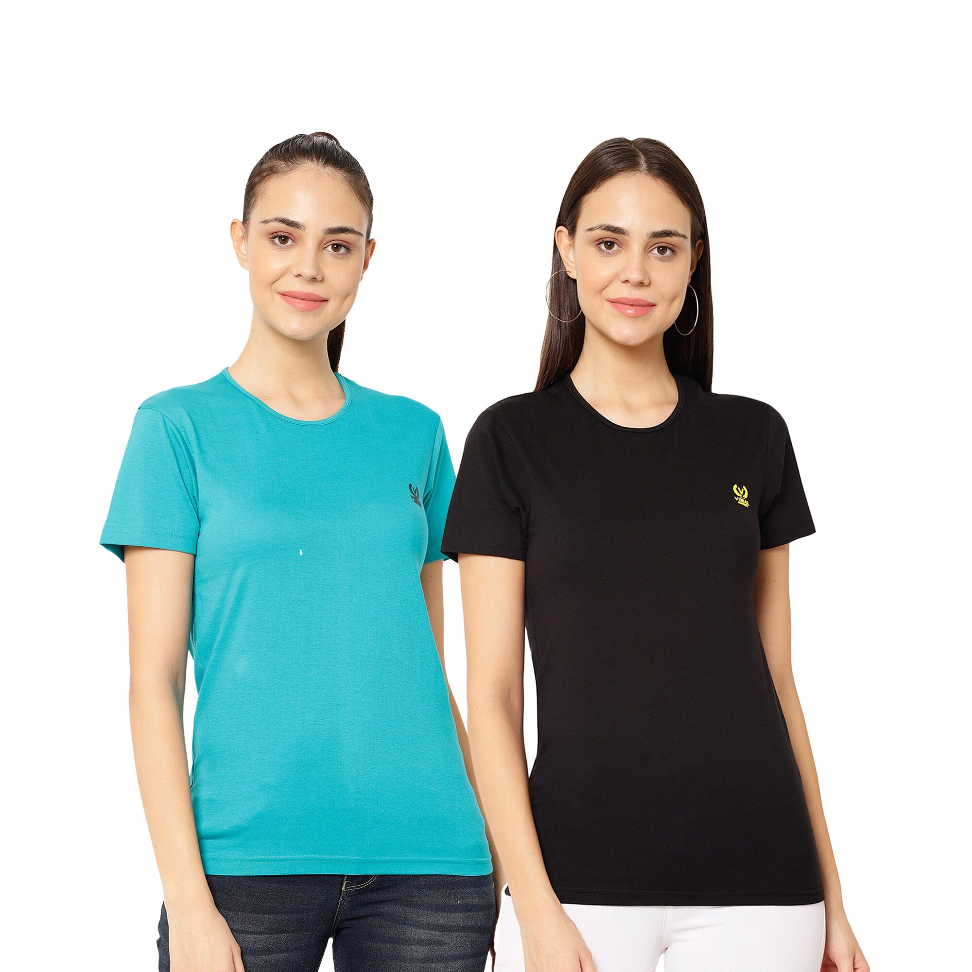 

VIMAL JONNEY Women Black Turquoise Regular fit Round neck Cotton T shirt