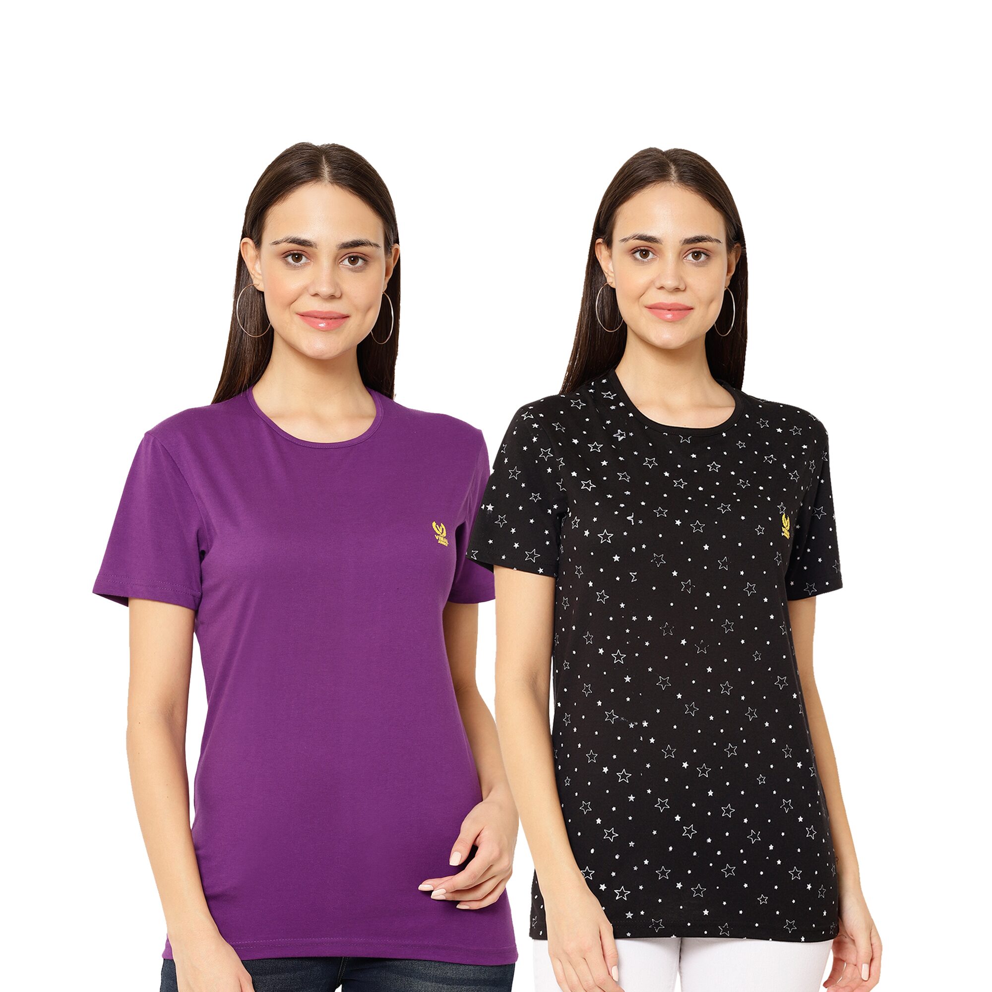 

VIMAL JONNEY Women Black Purple Regular fit Round neck Cotton T shirt