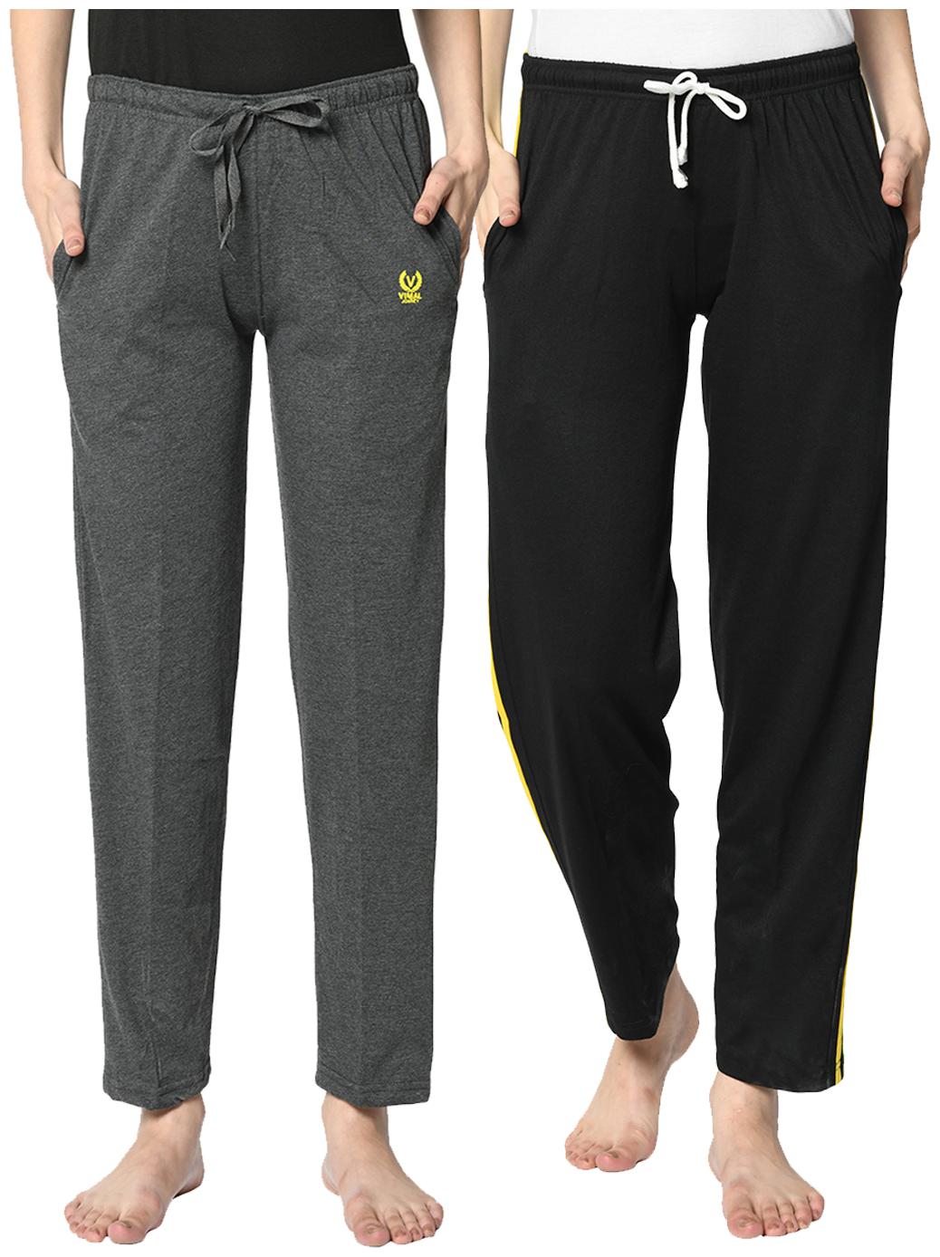 

VIMAL JONNEY Cotton Blend Solid Black Grey Color Track Pants For Women (Pack Of 2)