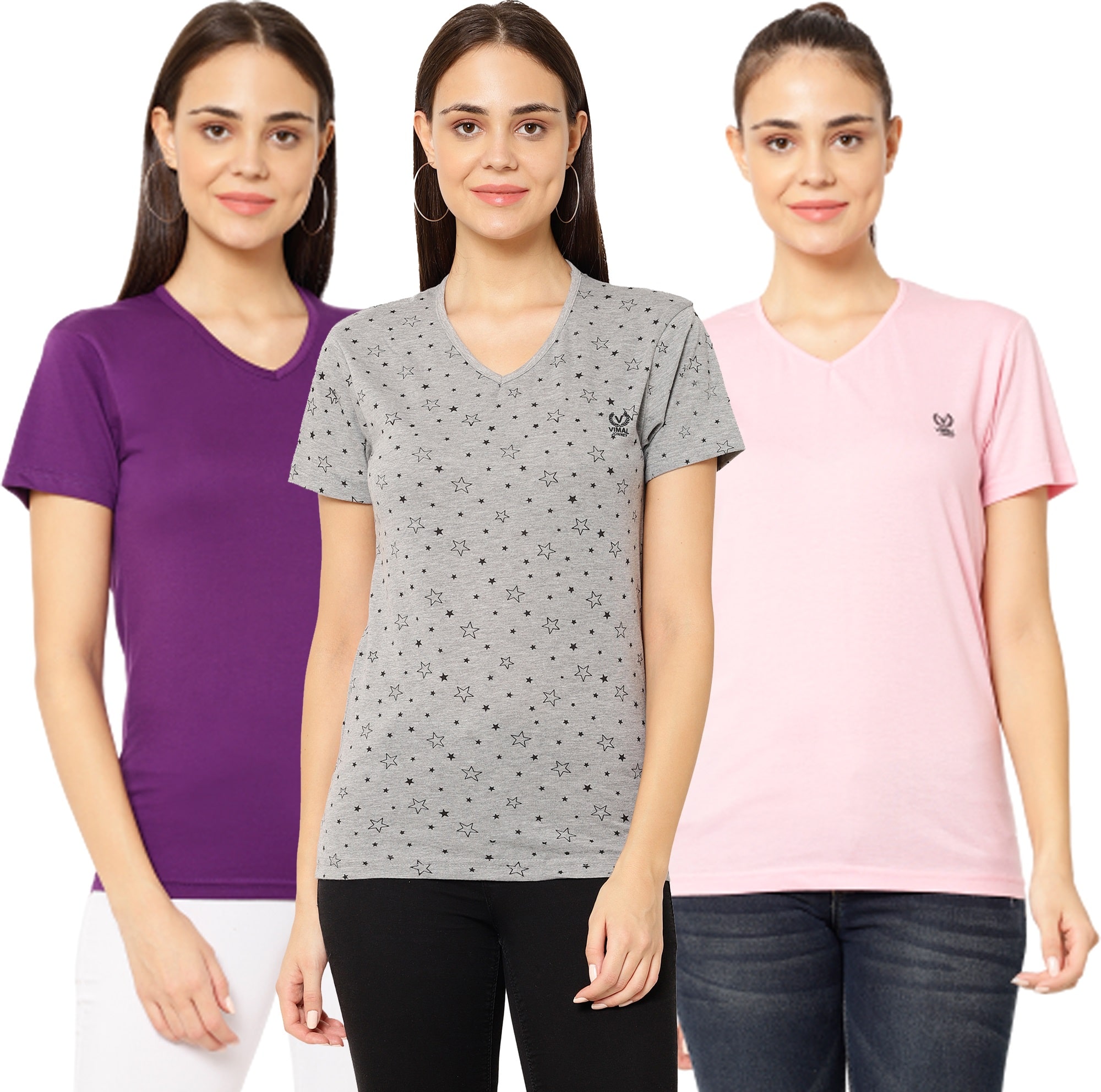 

VIMAL JONNEY Women Multi Regular fit V neck Cotton T shirt