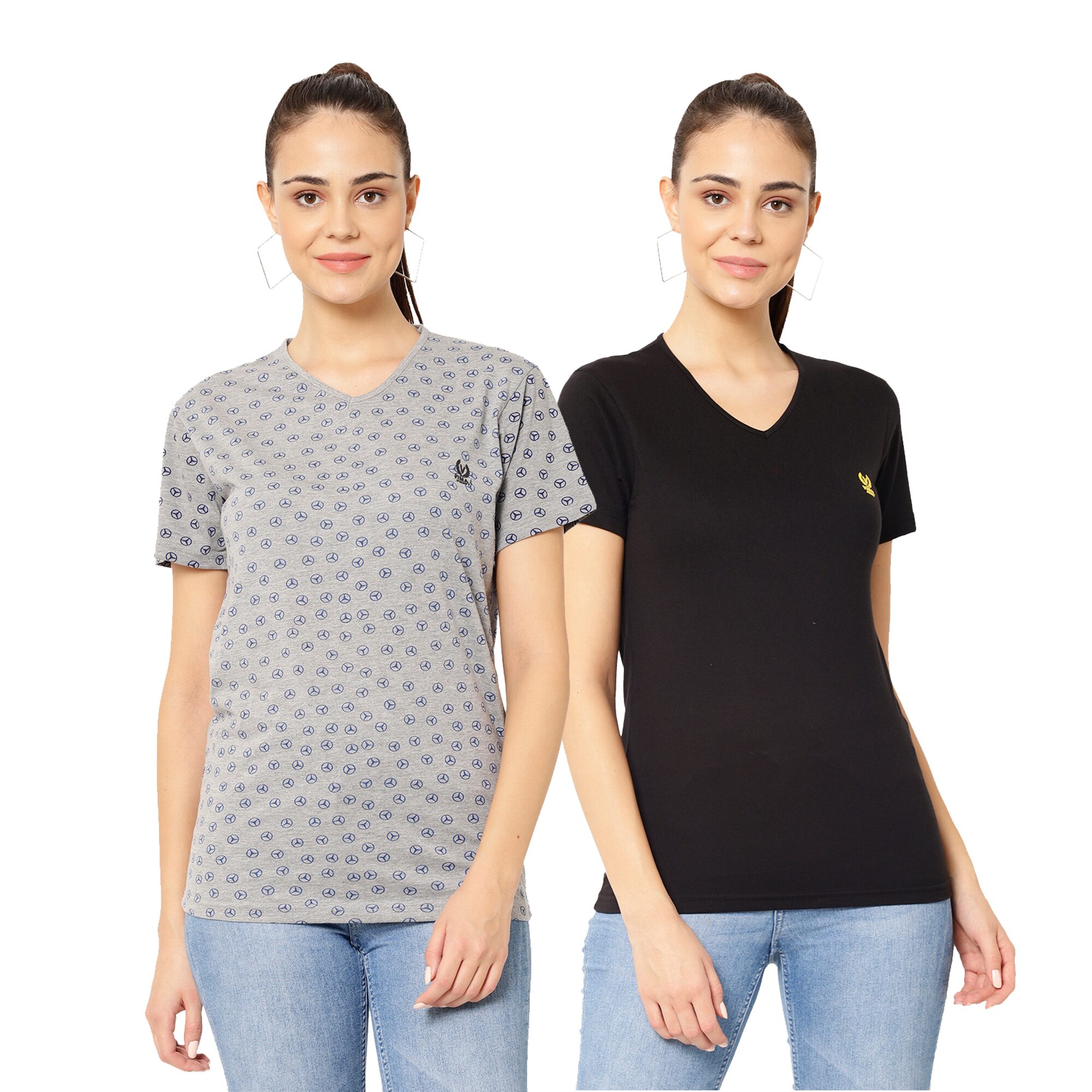 

VIMAL JONNEY Women Grey Black Regular fit V neck Cotton blend T shirt