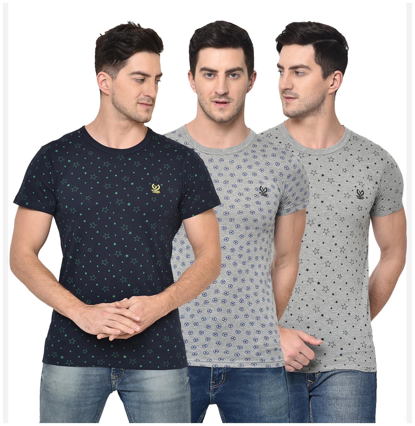 

VIMAL JONNEY Men Navy blue Grey Regular fit Cotton Blend Round neck T-Shirt - Pack Of 3