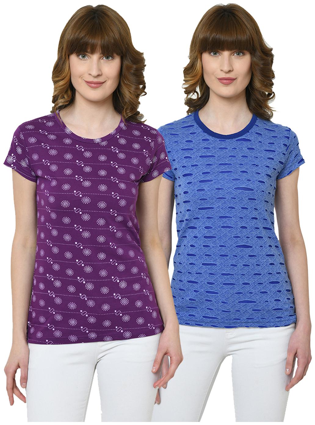 

VIMAL JONNEY Women Purple Blue Regular fit Round neck Cotton T shirt