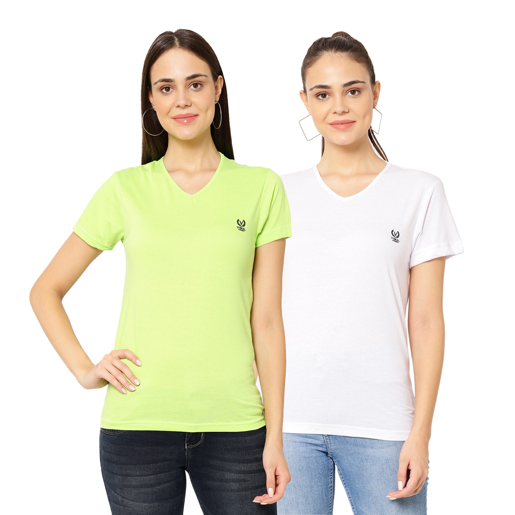 

VIMAL JONNEY Women Green White Regular fit V neck Cotton blend T shirt