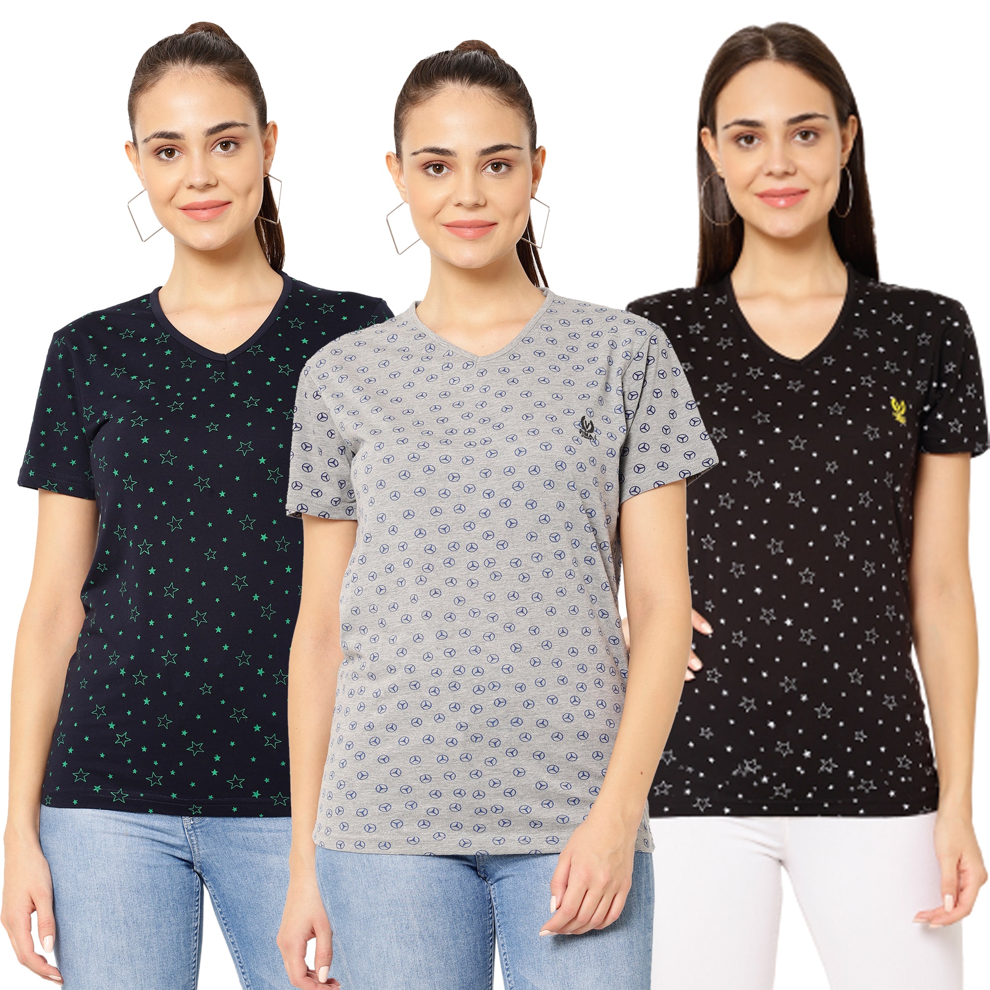 

VIMAL JONNEY Women Multi Regular fit V neck Cotton T shirt