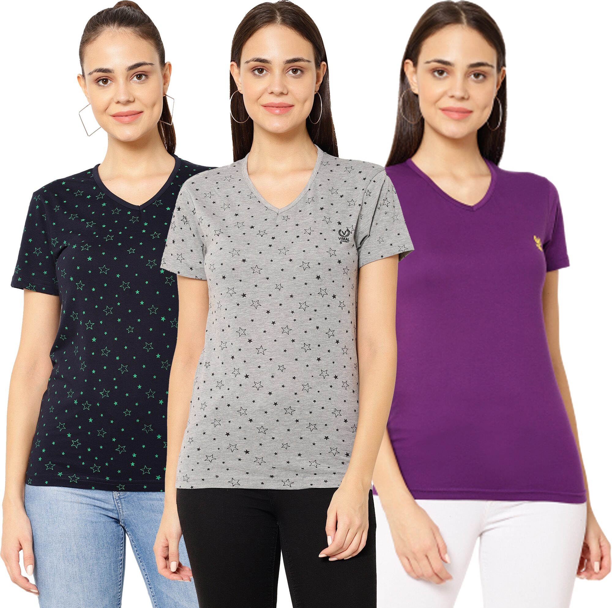

VIMAL JONNEY Women Multi Regular fit V neck Cotton T shirt