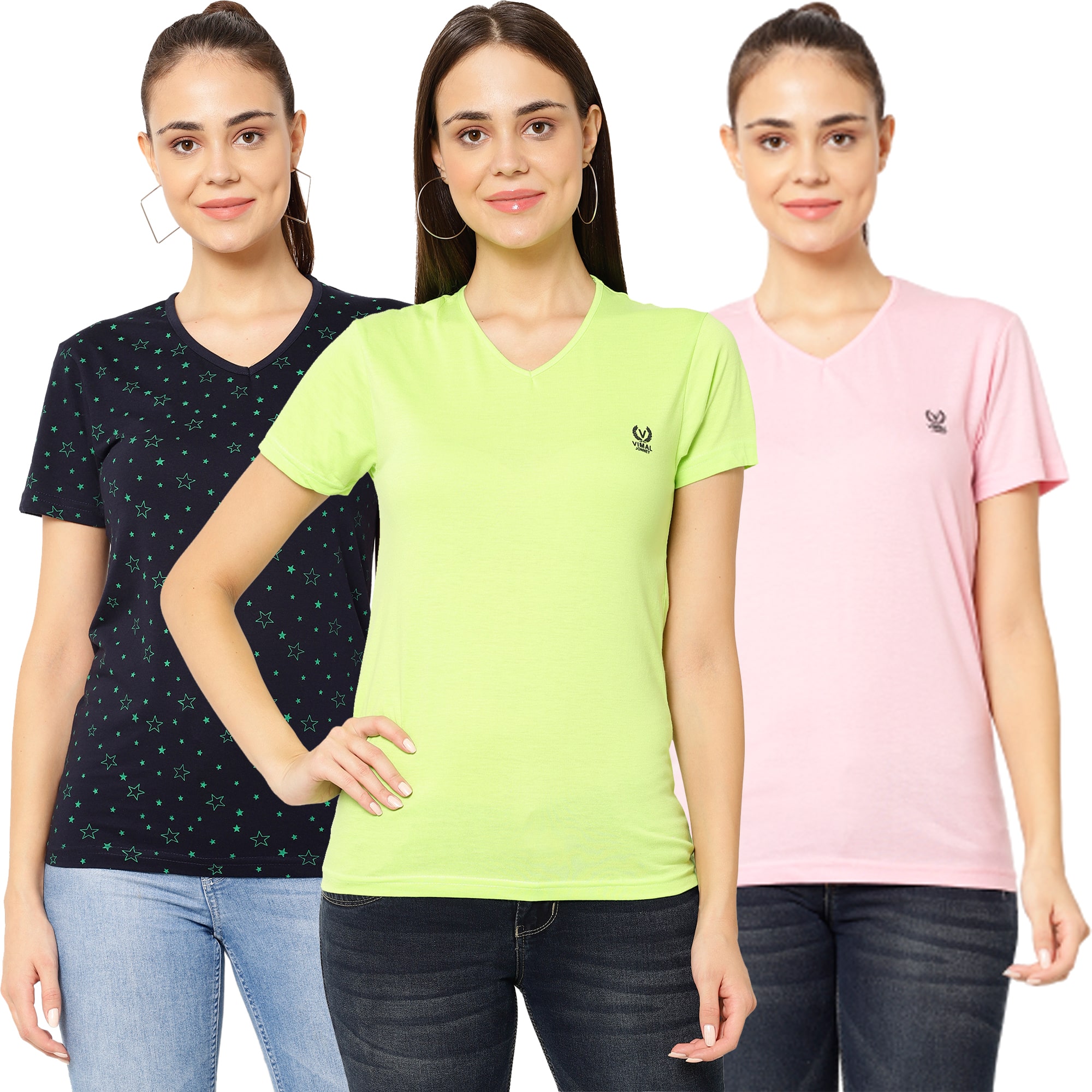 

VIMAL JONNEY Women Multi Regular fit V neck Cotton T shirt