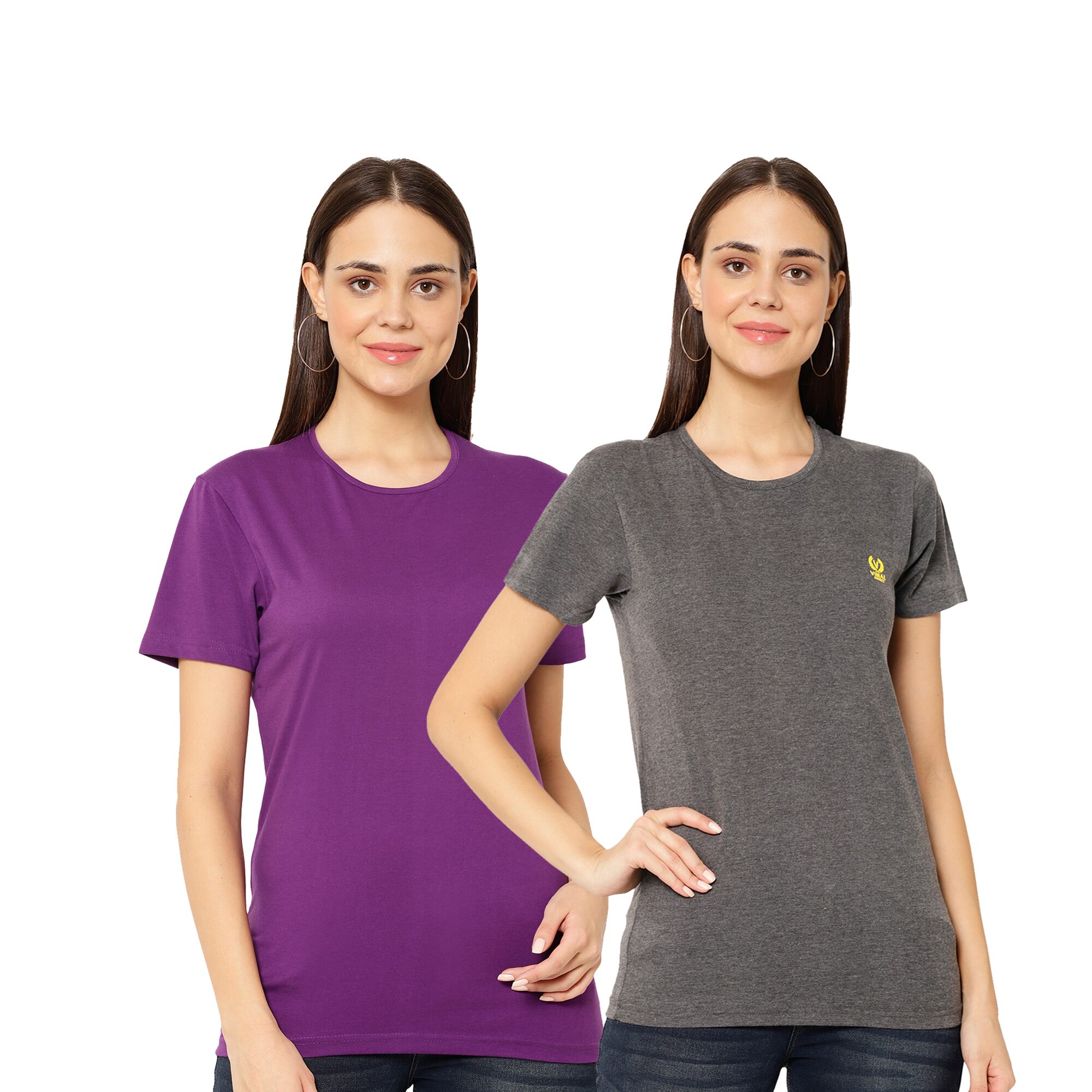 

VIMAL JONNEY Women Grey Purple Regular fit Round neck Cotton T shirt
