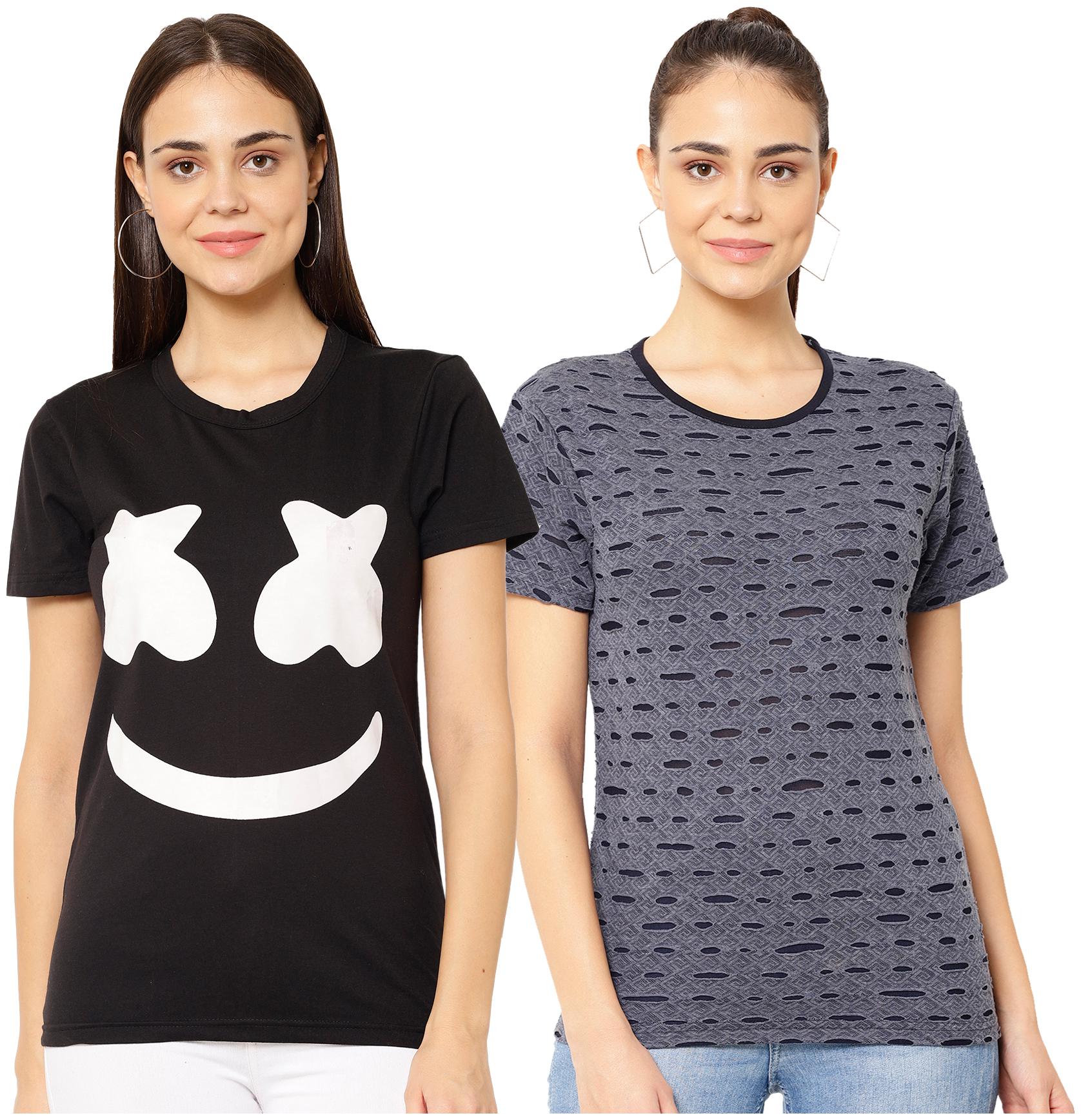 

VIMAL JONNEY Women Black Grey Regular fit Round neck Cotton blend T shirt