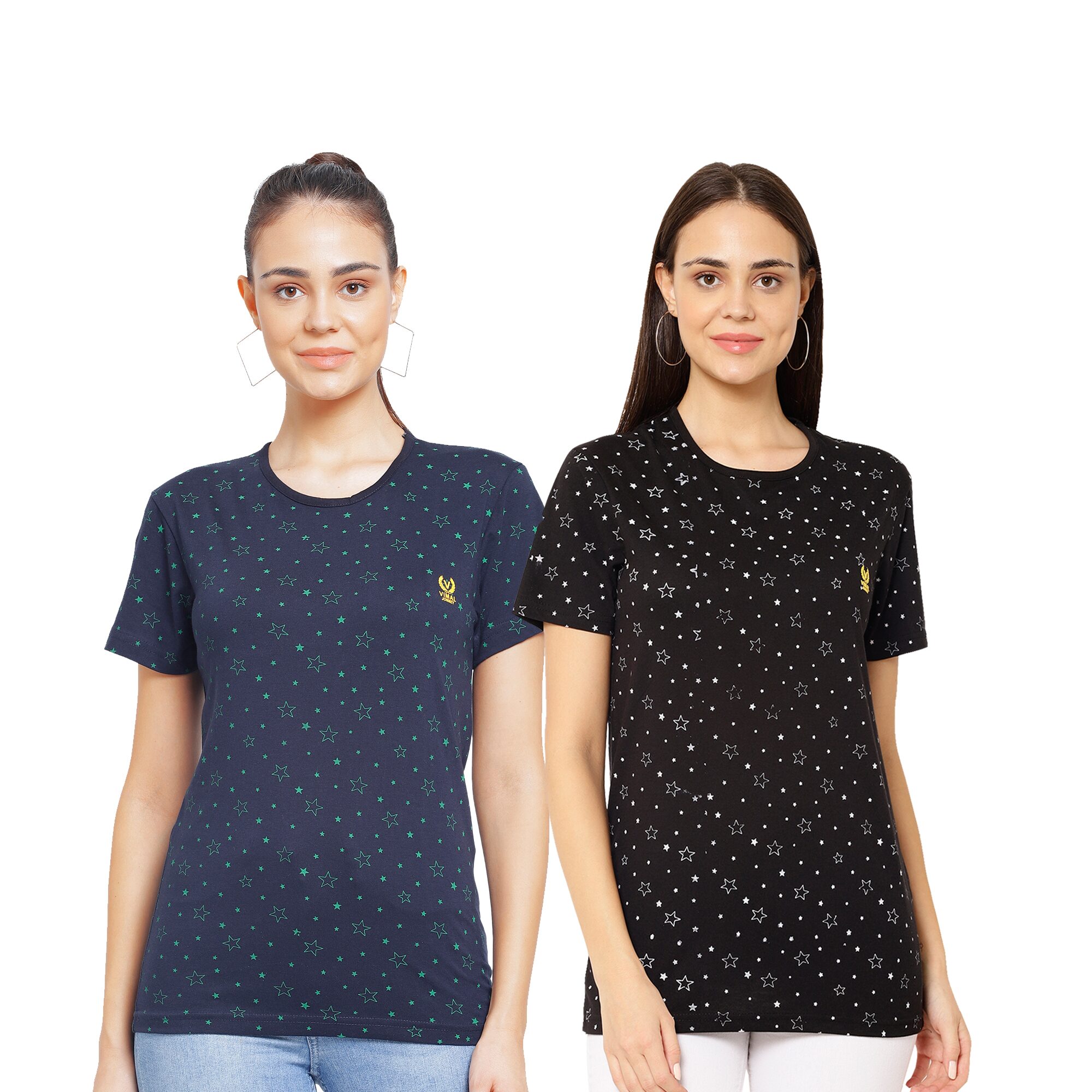 

VIMAL JONNEY Cotton Printed Black Navy Blue Color T-Shirt For Women (Pack Of 2)