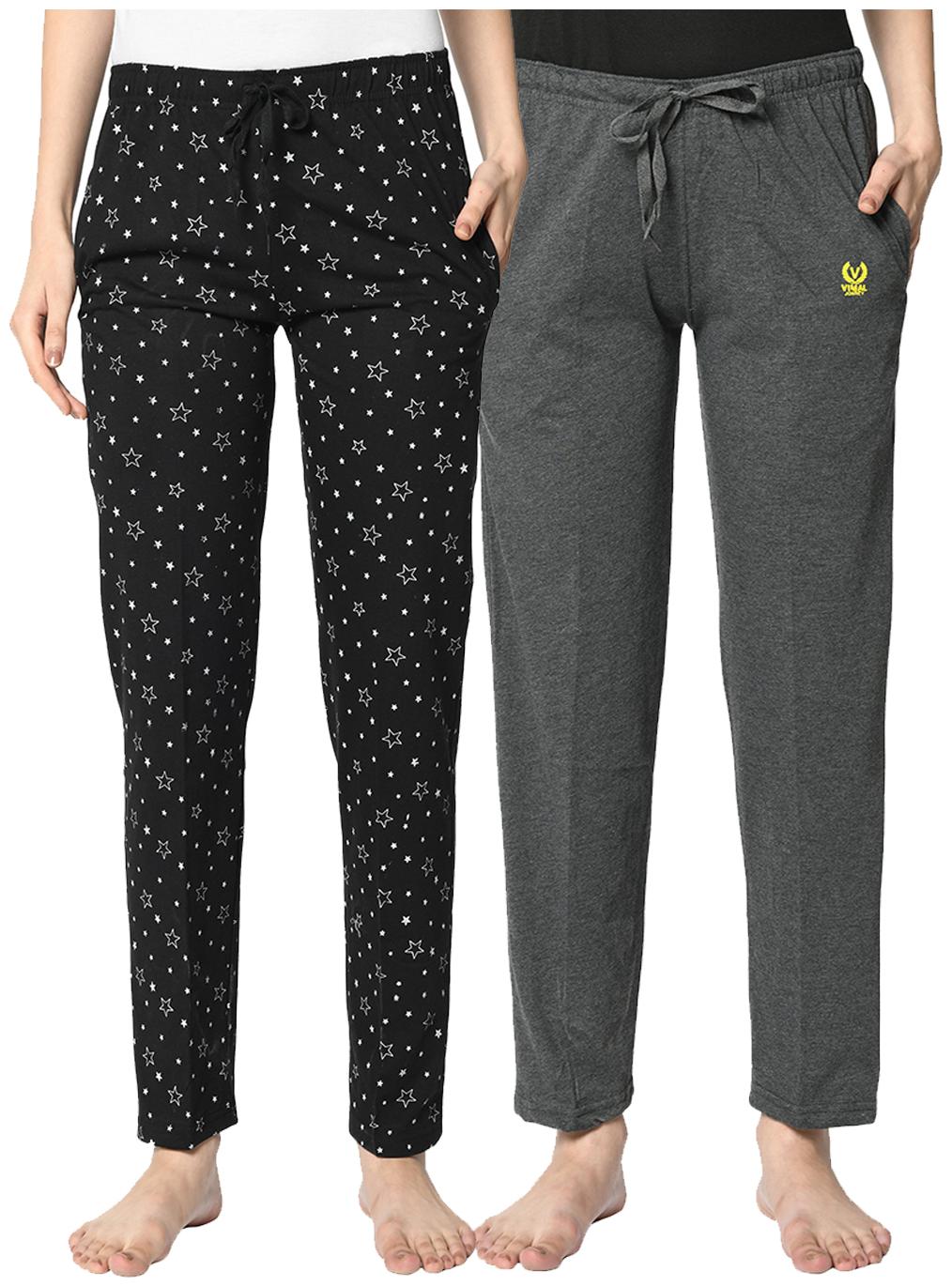 

VIMAL JONNEY Cotton Blend Printed Black Grey Color Track Pants For Women (Pack Of 2)